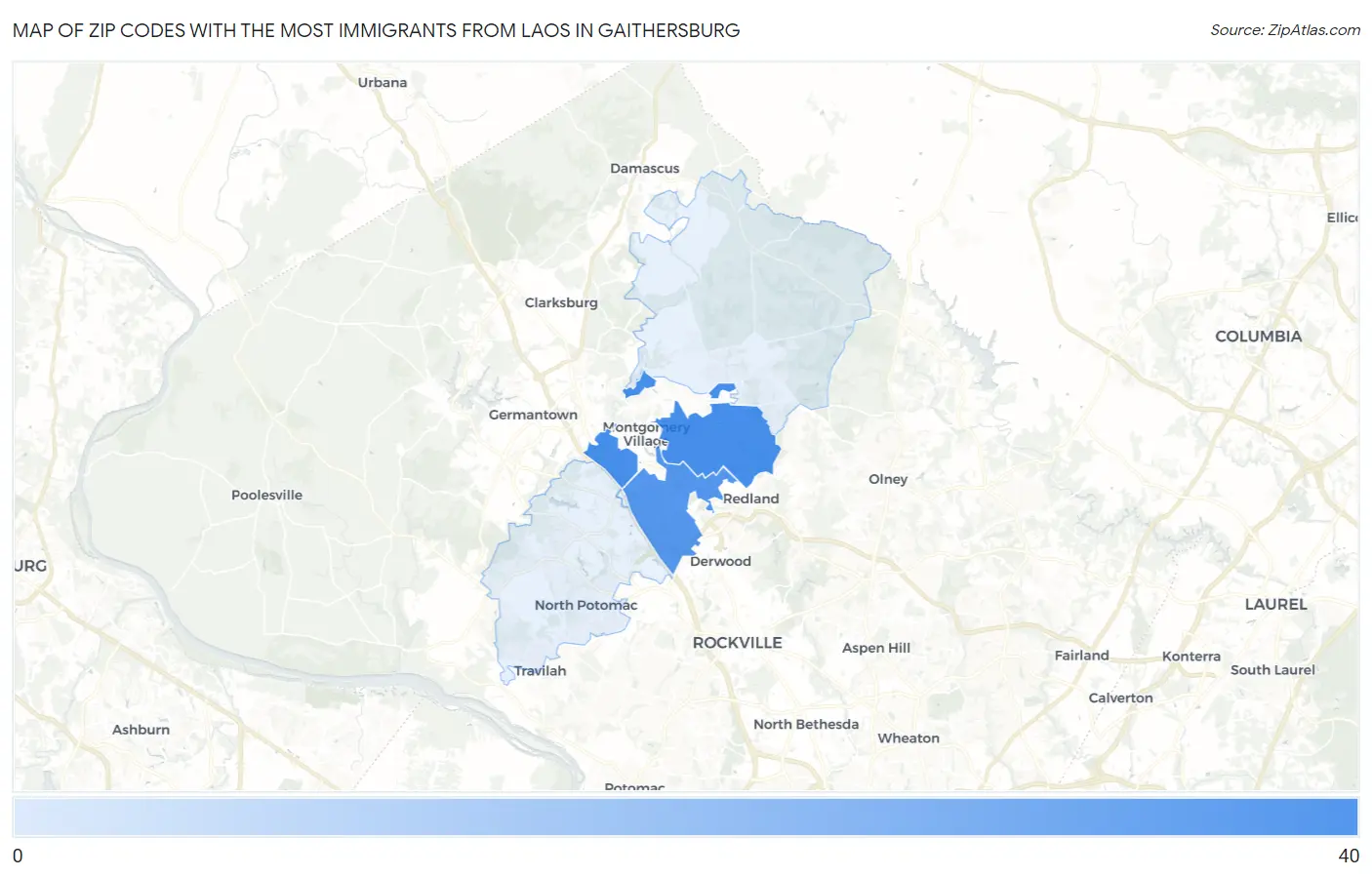 Zip Codes with the Most Immigrants from Laos in Gaithersburg Map