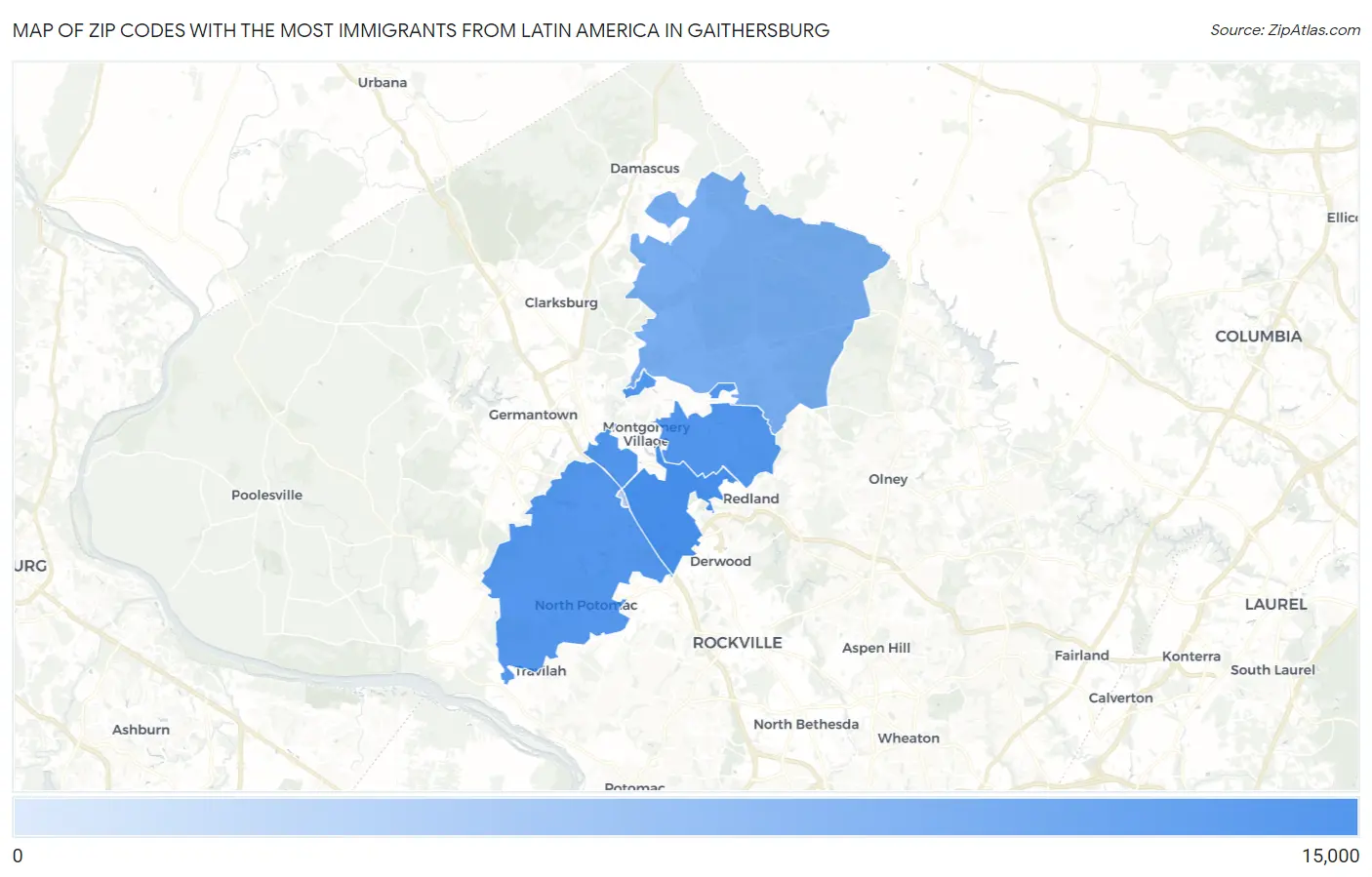 Zip Codes with the Most Immigrants from Latin America in Gaithersburg Map