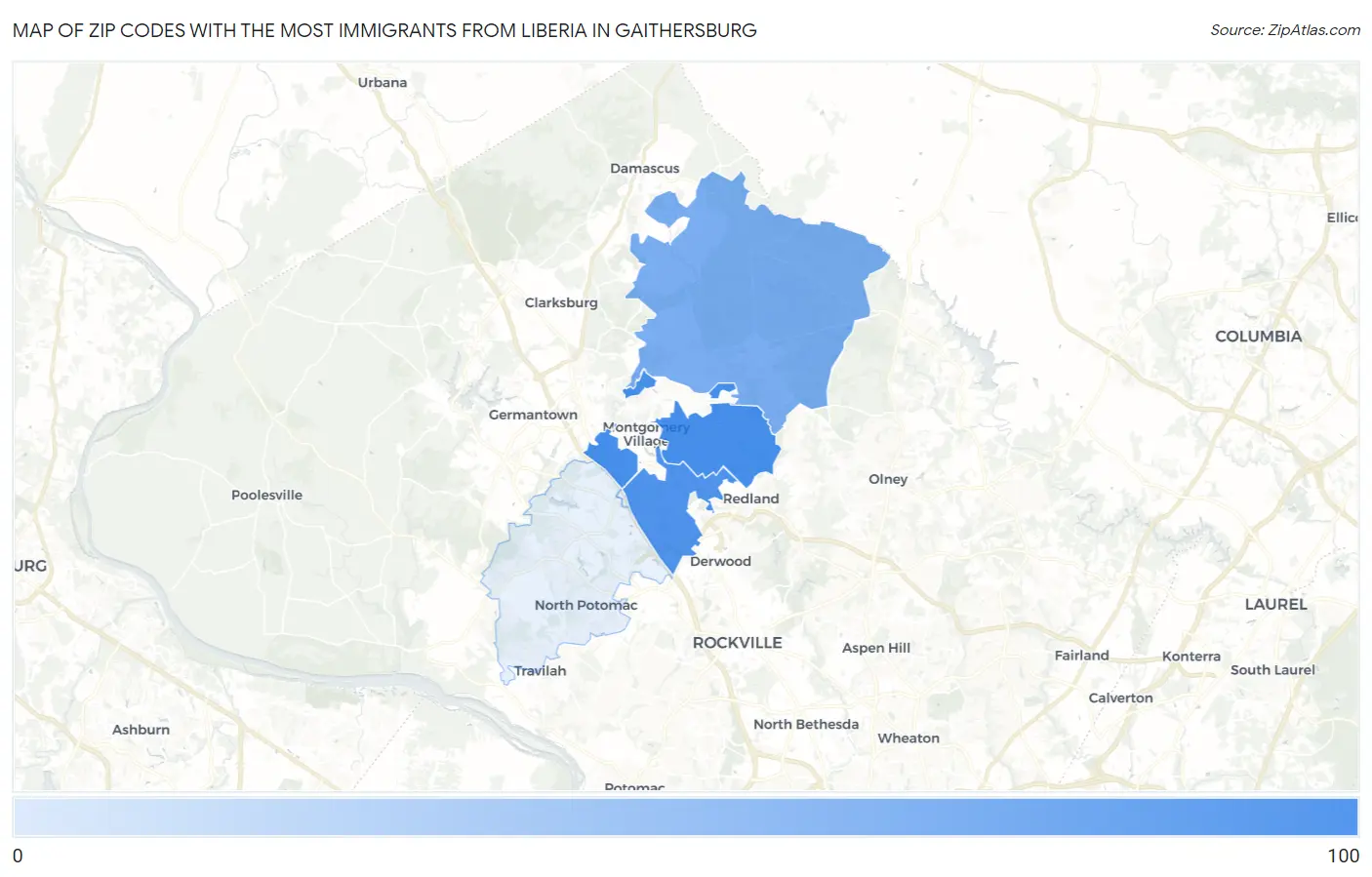 Zip Codes with the Most Immigrants from Liberia in Gaithersburg Map
