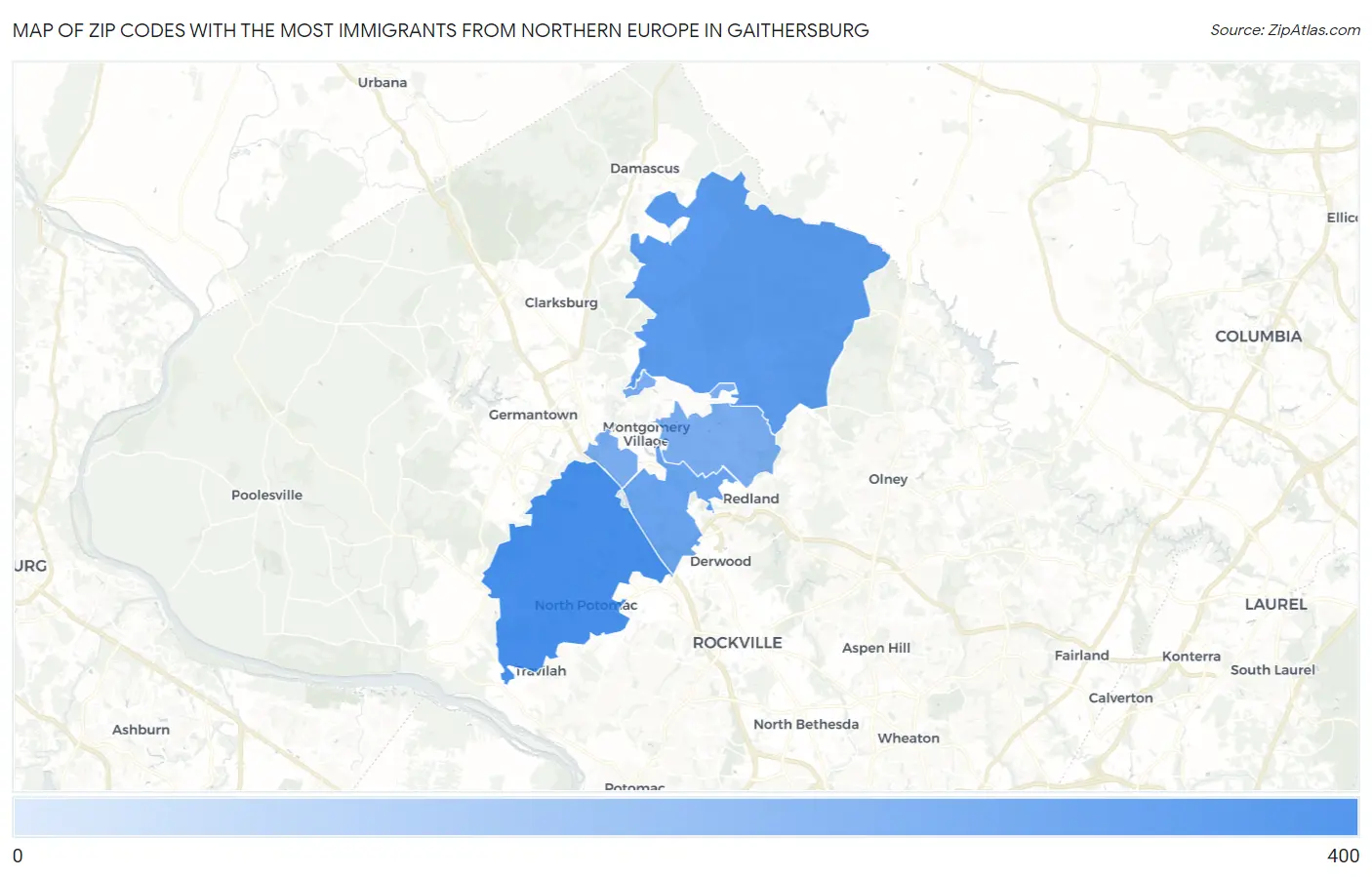 Zip Codes with the Most Immigrants from Northern Europe in Gaithersburg Map