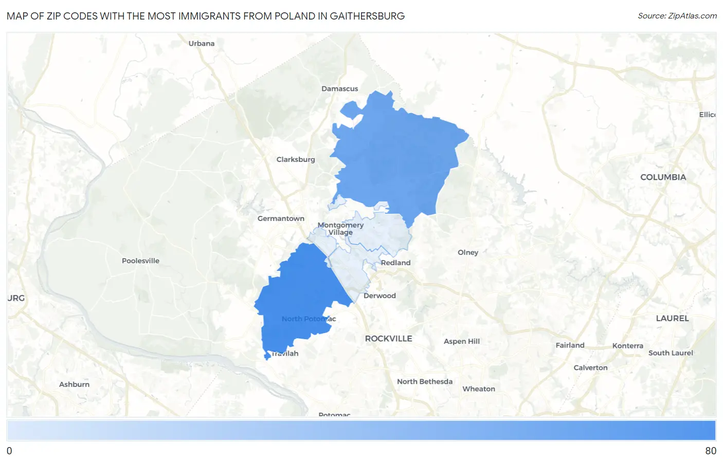 Zip Codes with the Most Immigrants from Poland in Gaithersburg Map