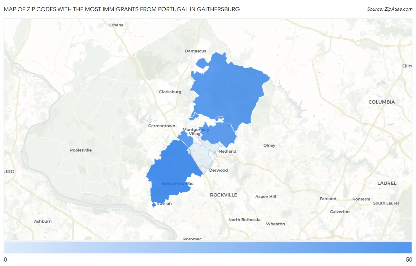 Zip Codes with the Most Immigrants from Portugal in Gaithersburg Map