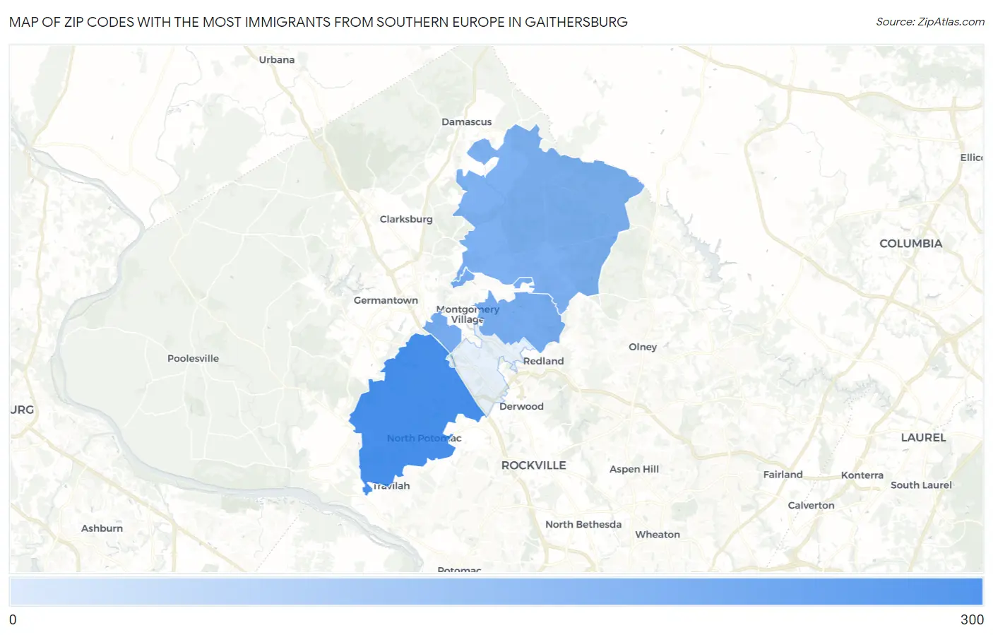 Zip Codes with the Most Immigrants from Southern Europe in Gaithersburg Map