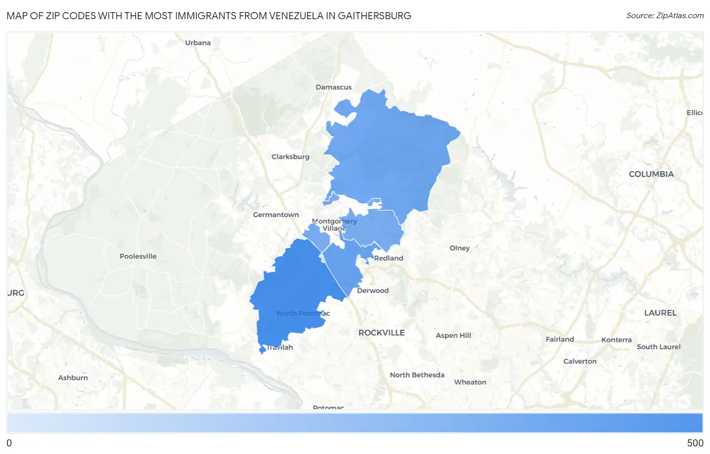 Zip Codes with the Most Immigrants from Venezuela in Gaithersburg Map