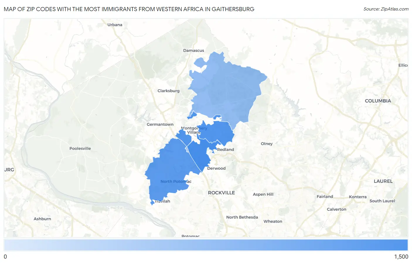 Zip Codes with the Most Immigrants from Western Africa in Gaithersburg Map