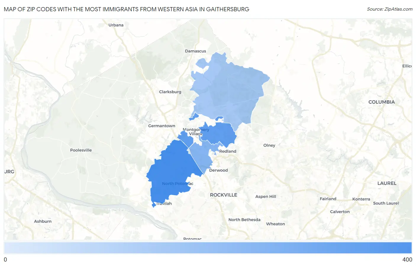 Zip Codes with the Most Immigrants from Western Asia in Gaithersburg Map