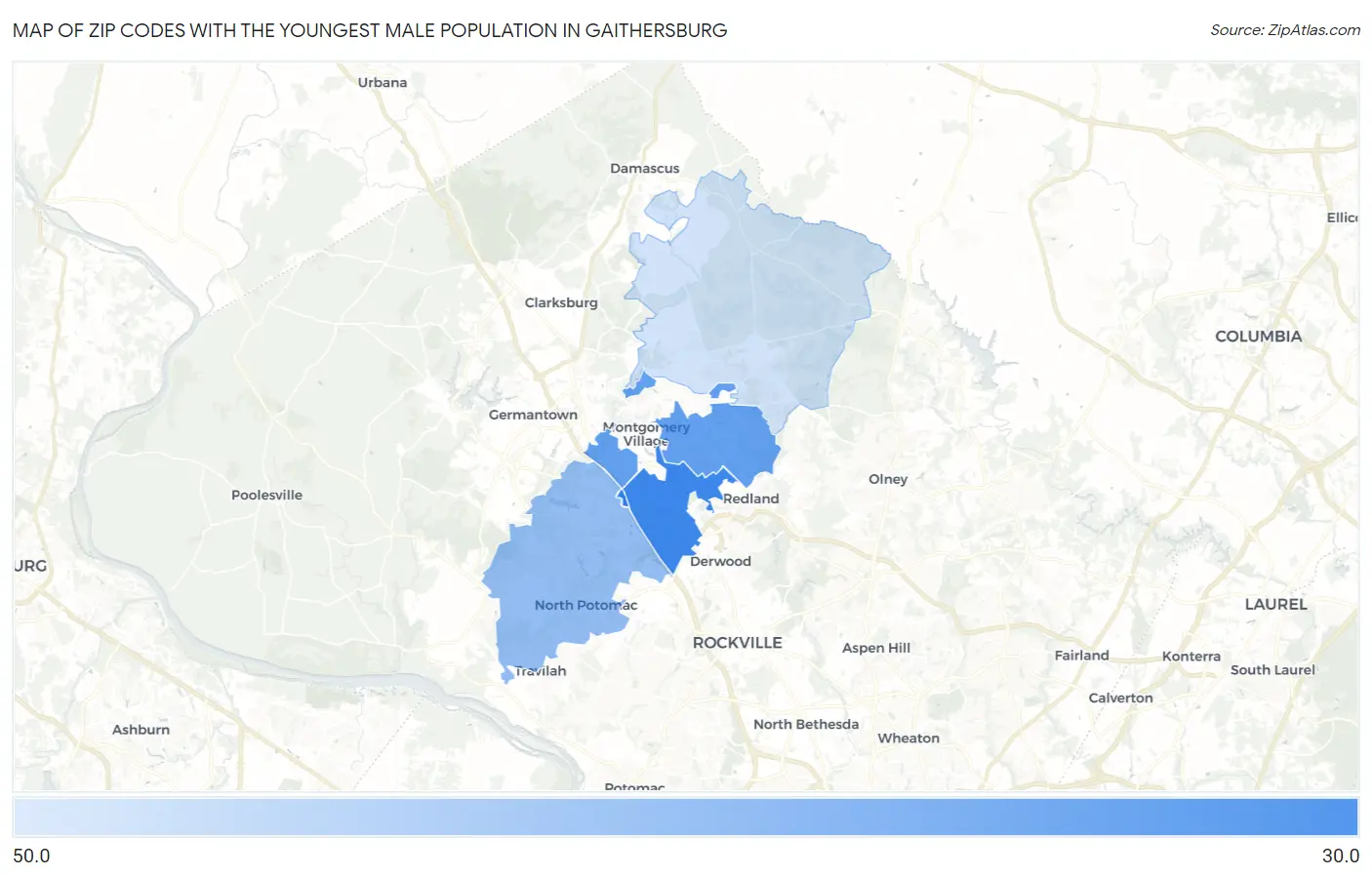 Zip Codes with the Youngest Male Population in Gaithersburg Map