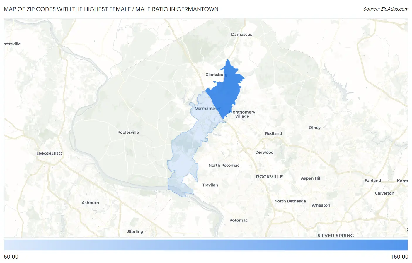 Zip Codes with the Highest Female / Male Ratio in Germantown Map