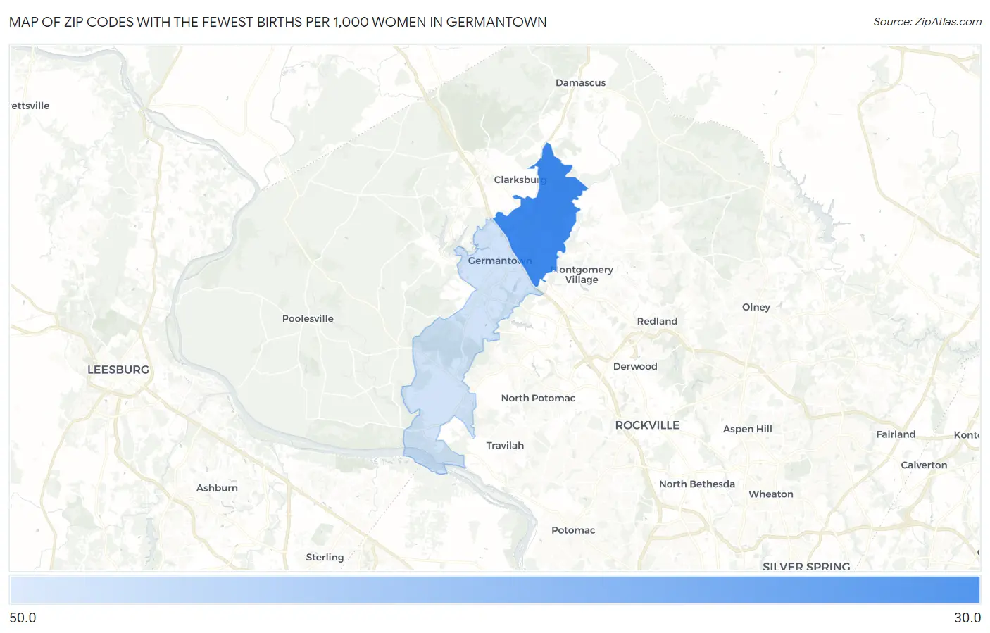Zip Codes with the Fewest Births per 1,000 Women in Germantown Map