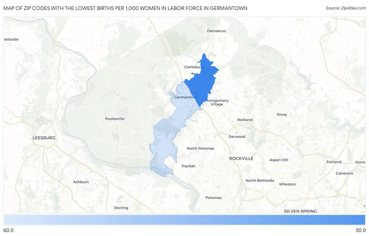 Zip Codes with the Lowest Births per 1,000 Women in Labor Force in Germantown Map