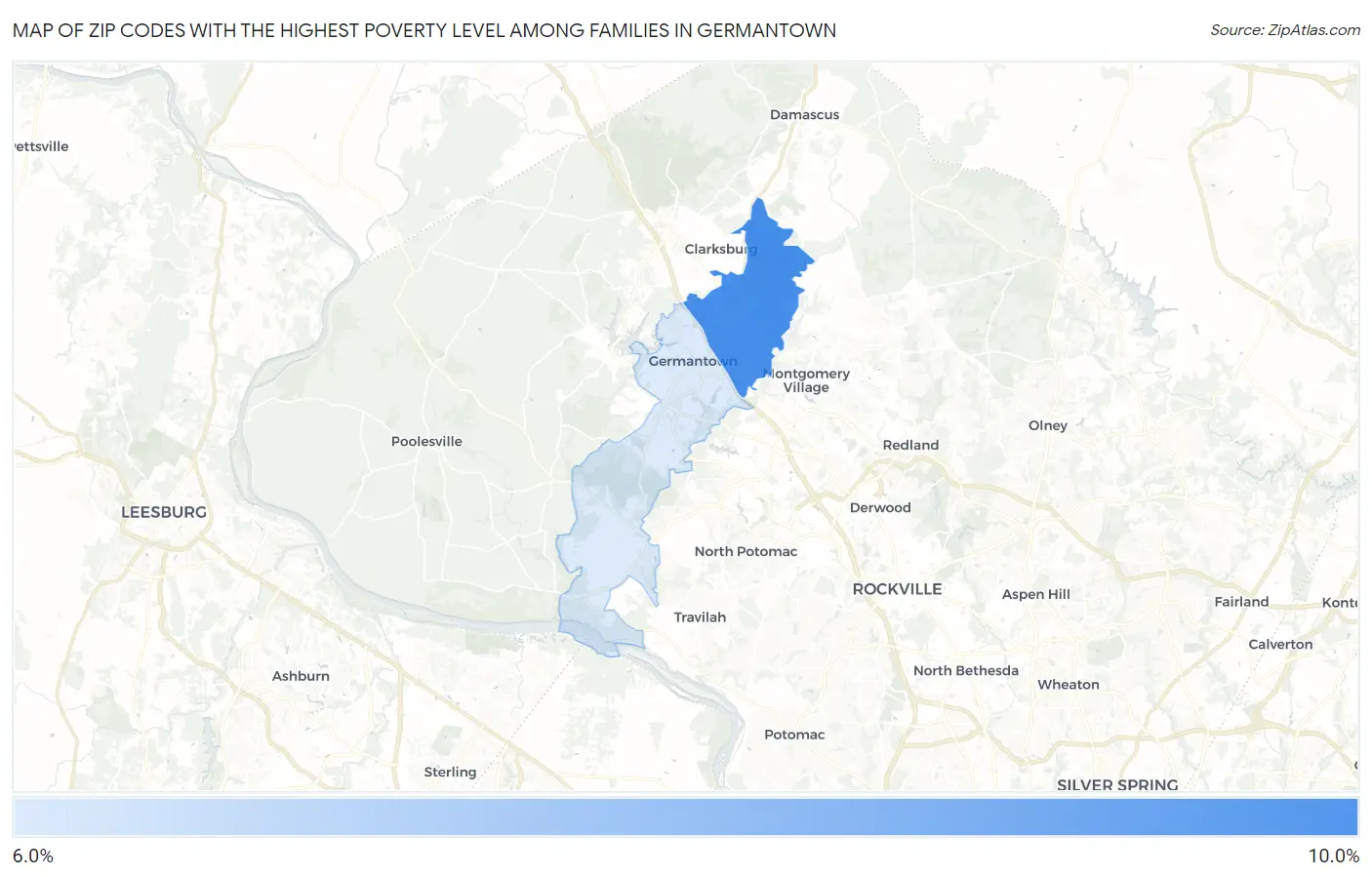 Zip Codes with the Highest Poverty Level Among Families in Germantown Map