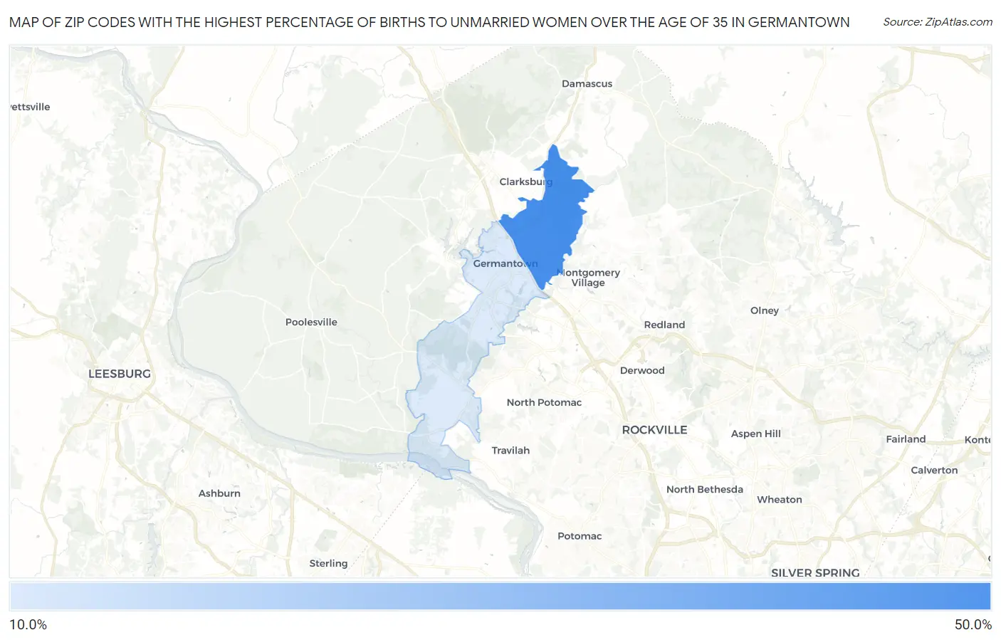 Zip Codes with the Highest Percentage of Births to Unmarried Women over the Age of 35 in Germantown Map