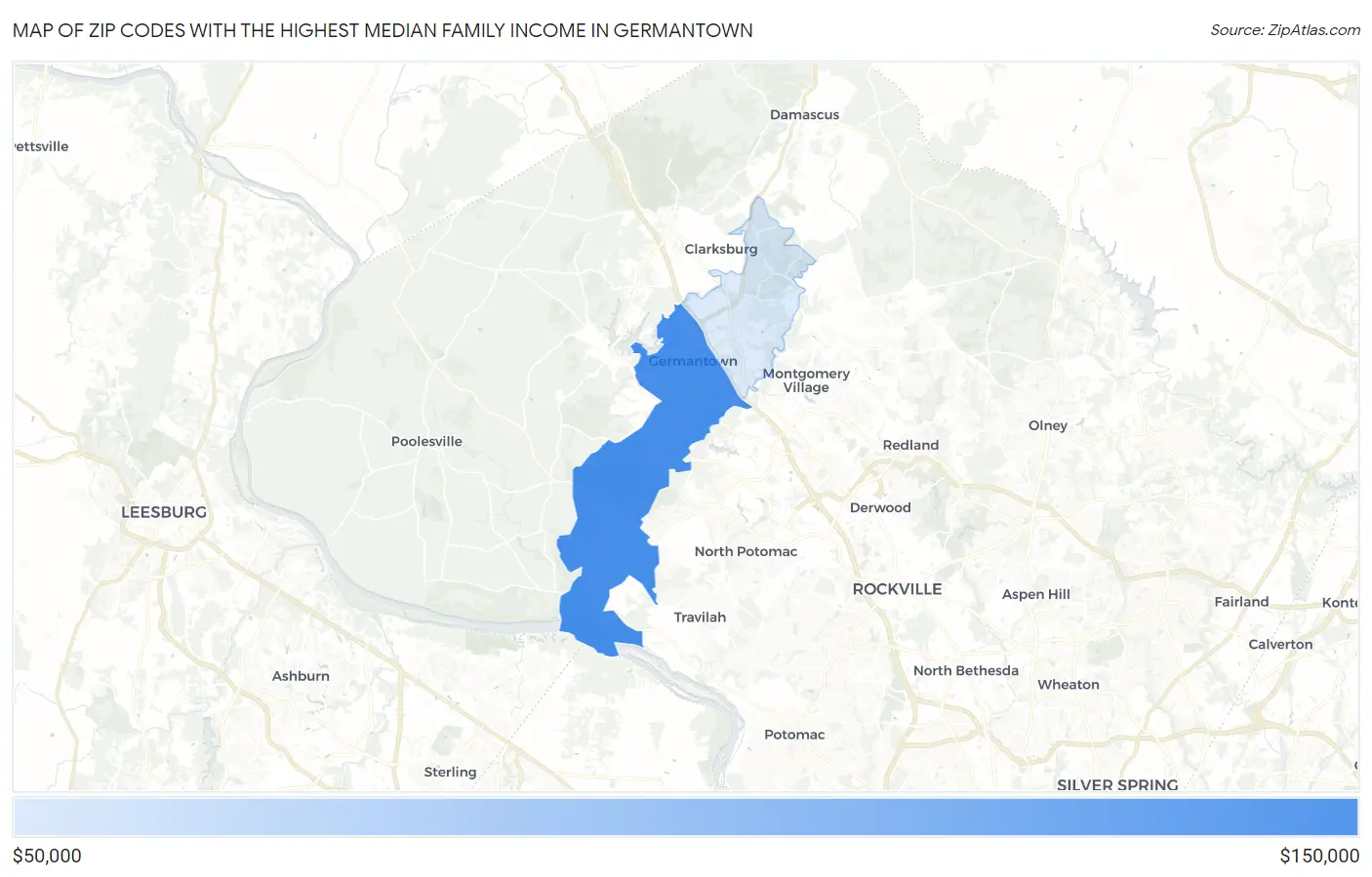 Zip Codes with the Highest Median Family Income in Germantown Map