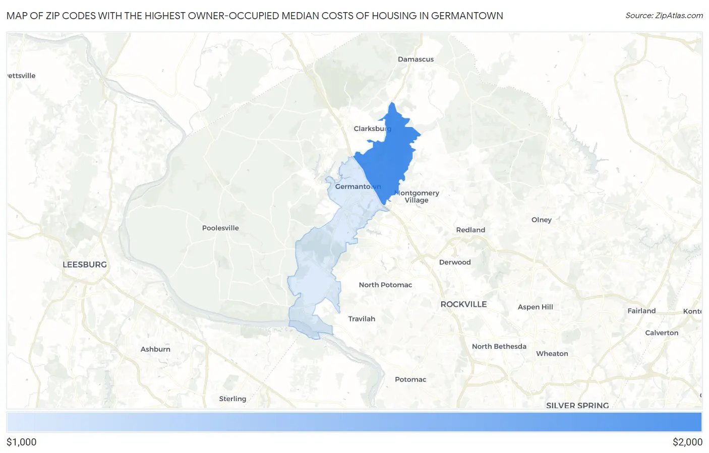 Zip Codes with the Highest Owner-Occupied Median Costs of Housing in Germantown Map