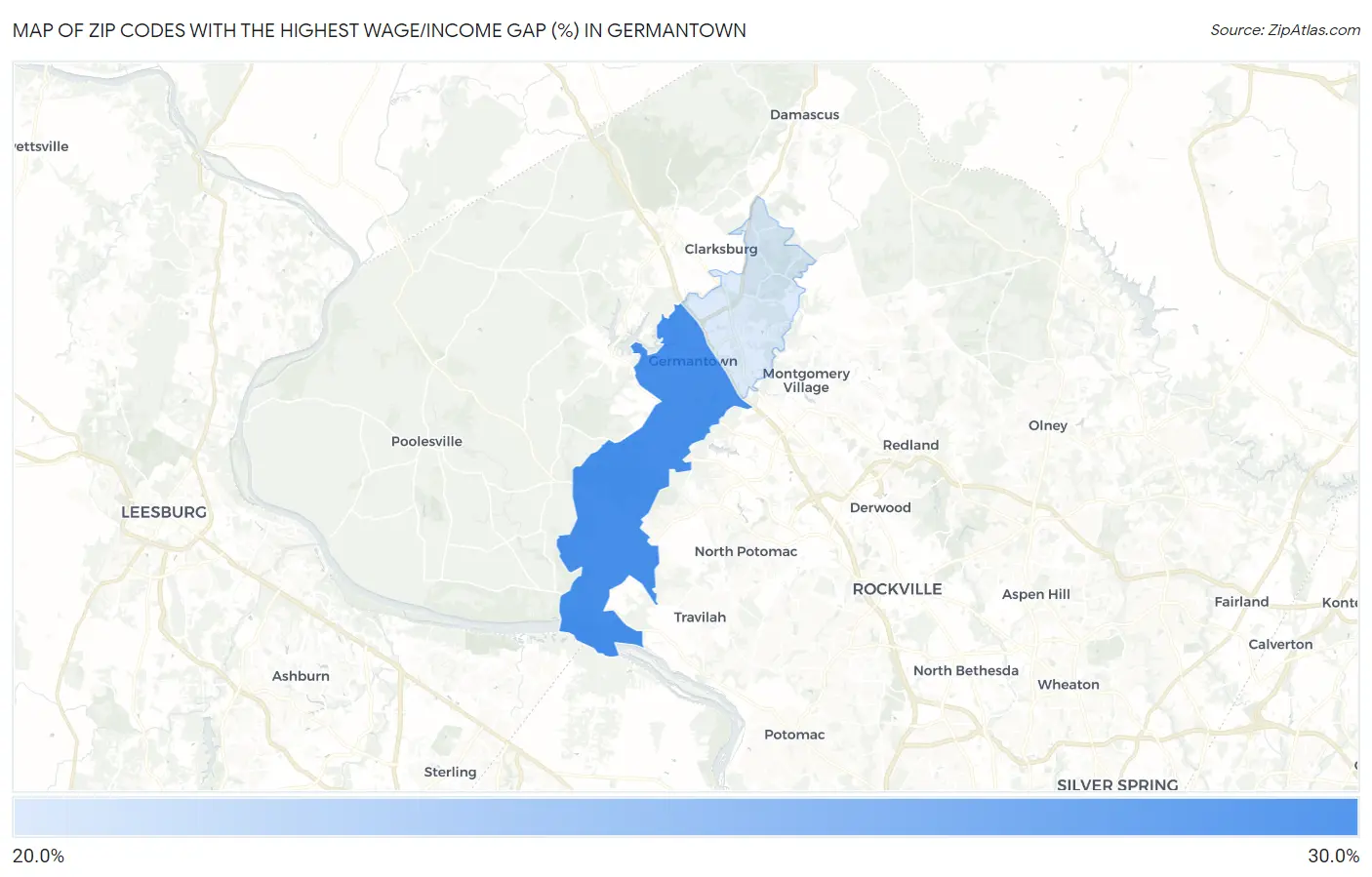Zip Codes with the Highest Wage/Income Gap (%) in Germantown Map