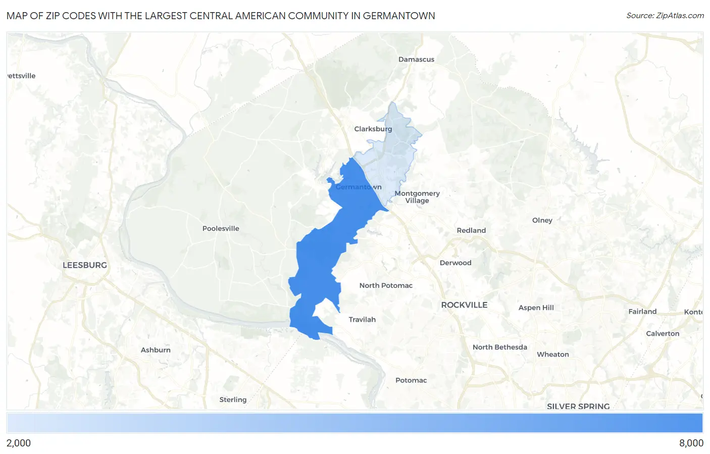 Zip Codes with the Largest Central American Community in Germantown Map