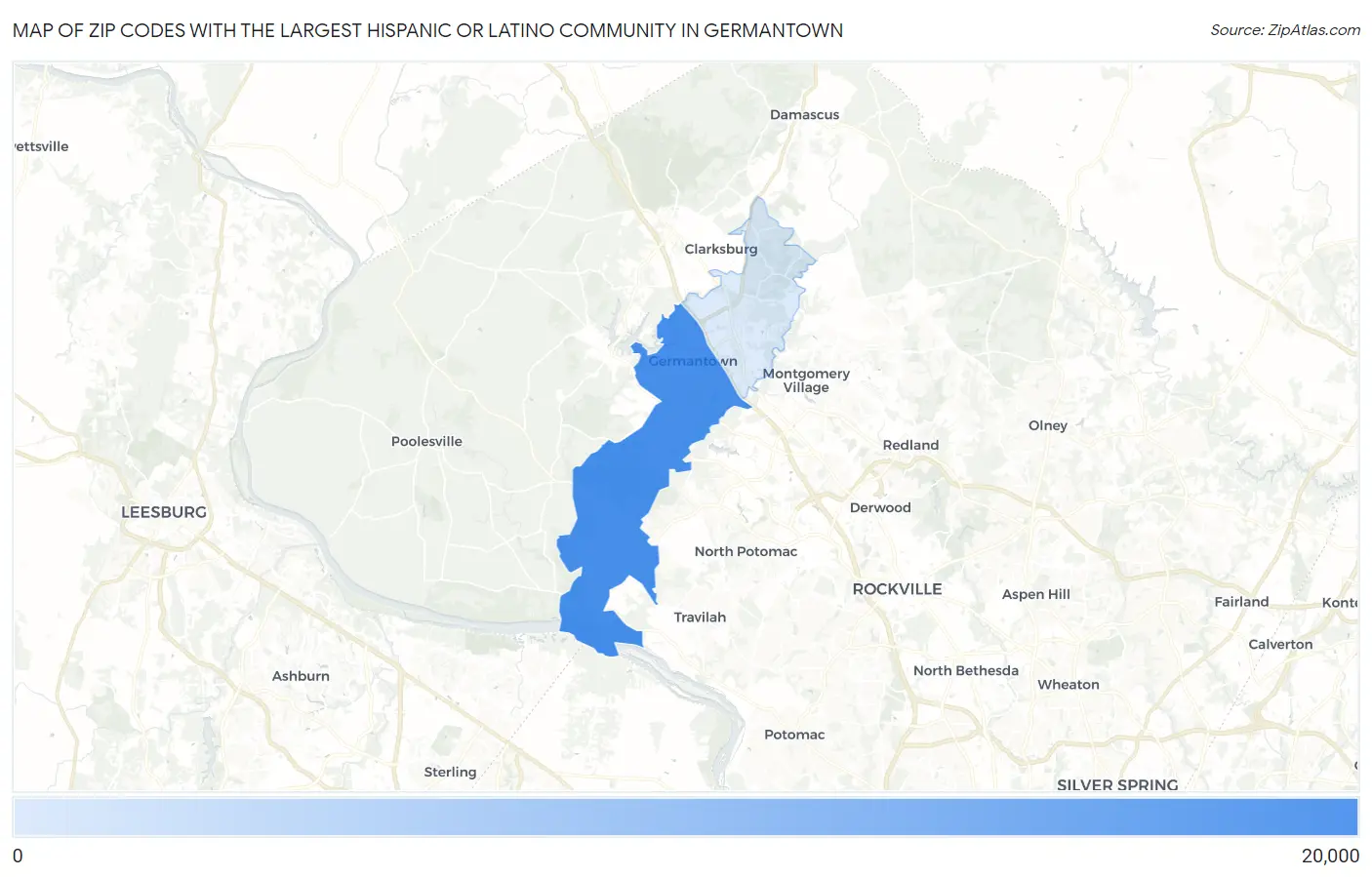 Zip Codes with the Largest Hispanic or Latino Community in Germantown Map