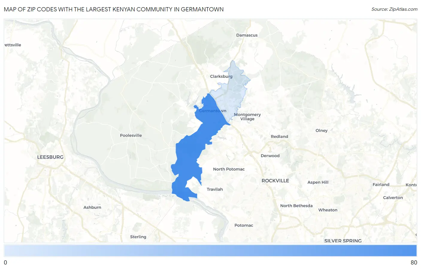 Zip Codes with the Largest Kenyan Community in Germantown Map