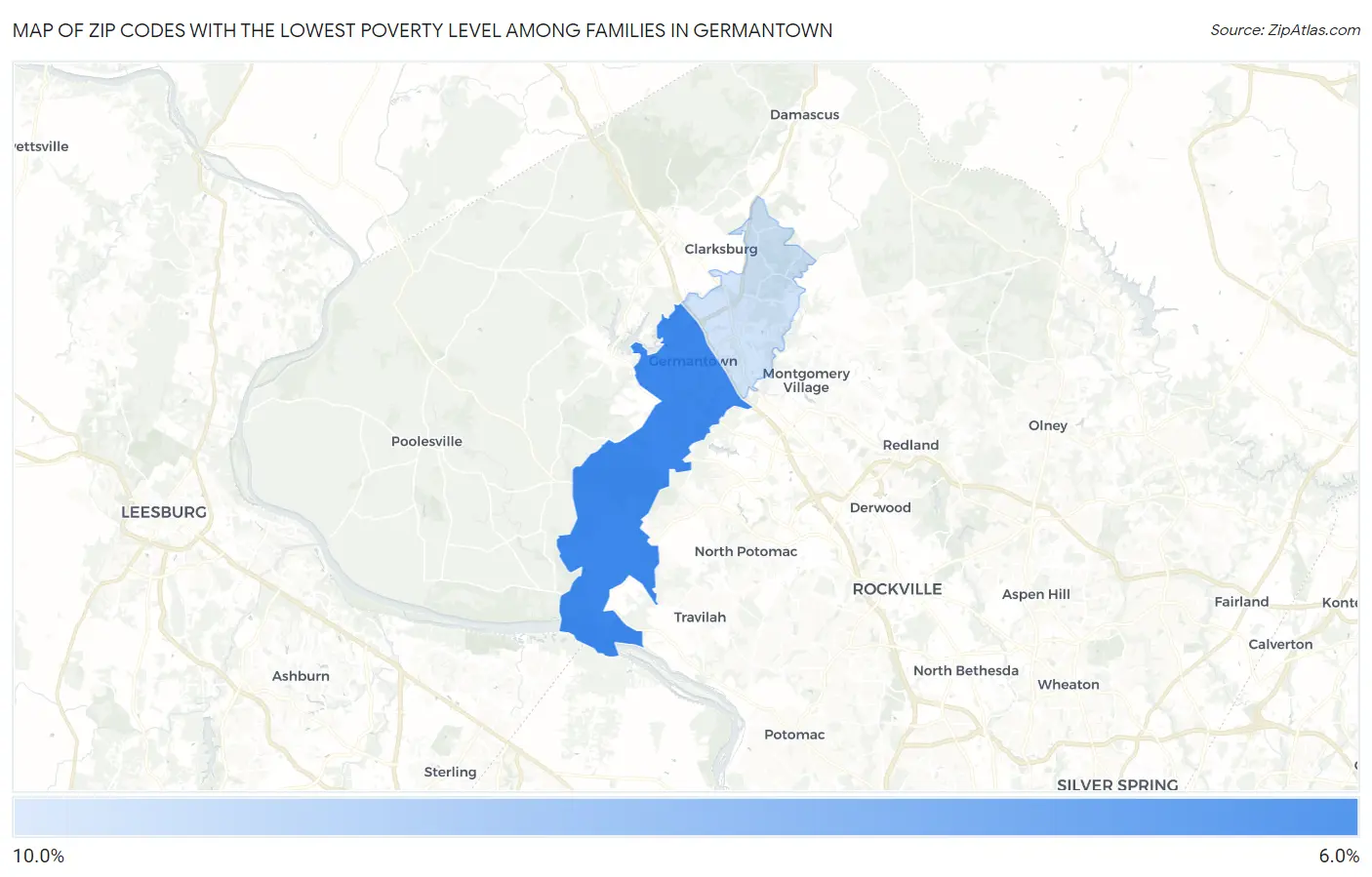Zip Codes with the Lowest Poverty Level Among Families in Germantown Map