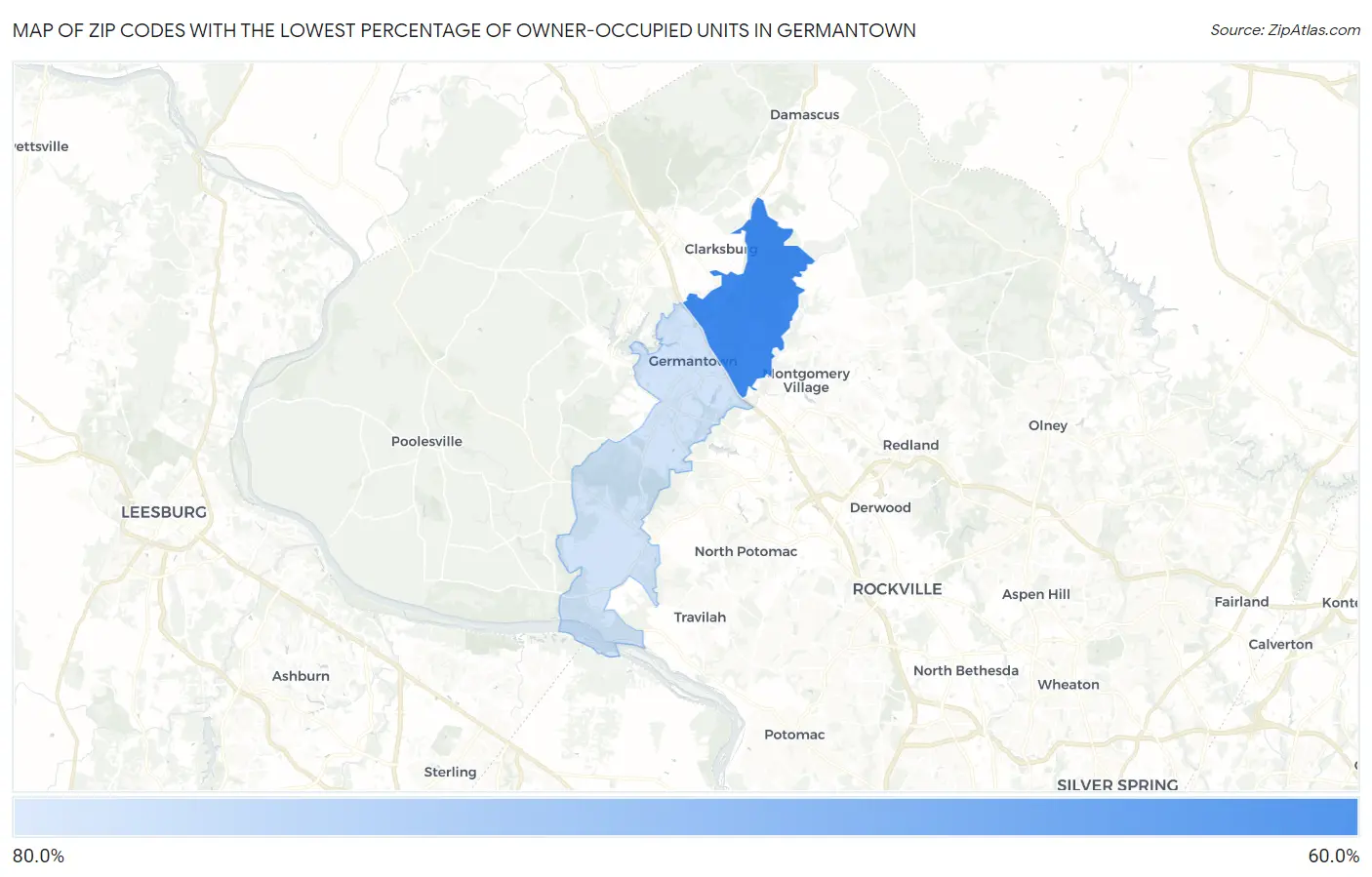 Zip Codes with the Lowest Percentage of Owner-Occupied Units in Germantown Map