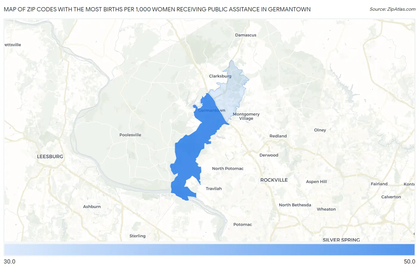 Zip Codes with the Most Births per 1,000 Women Receiving Public Assitance in Germantown Map