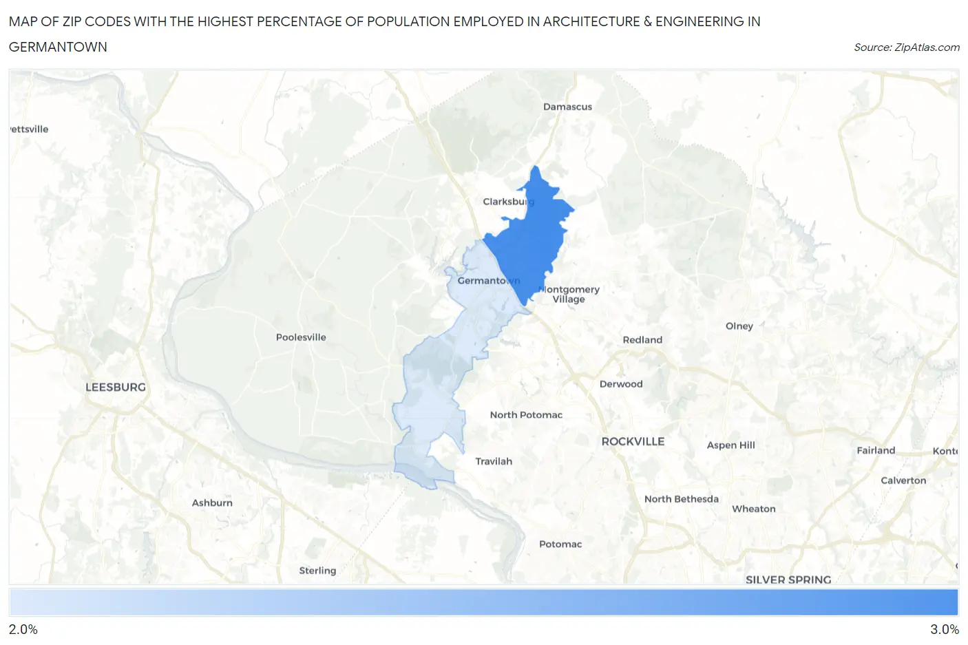 Zip Codes with the Highest Percentage of Population Employed in Architecture & Engineering in Germantown Map