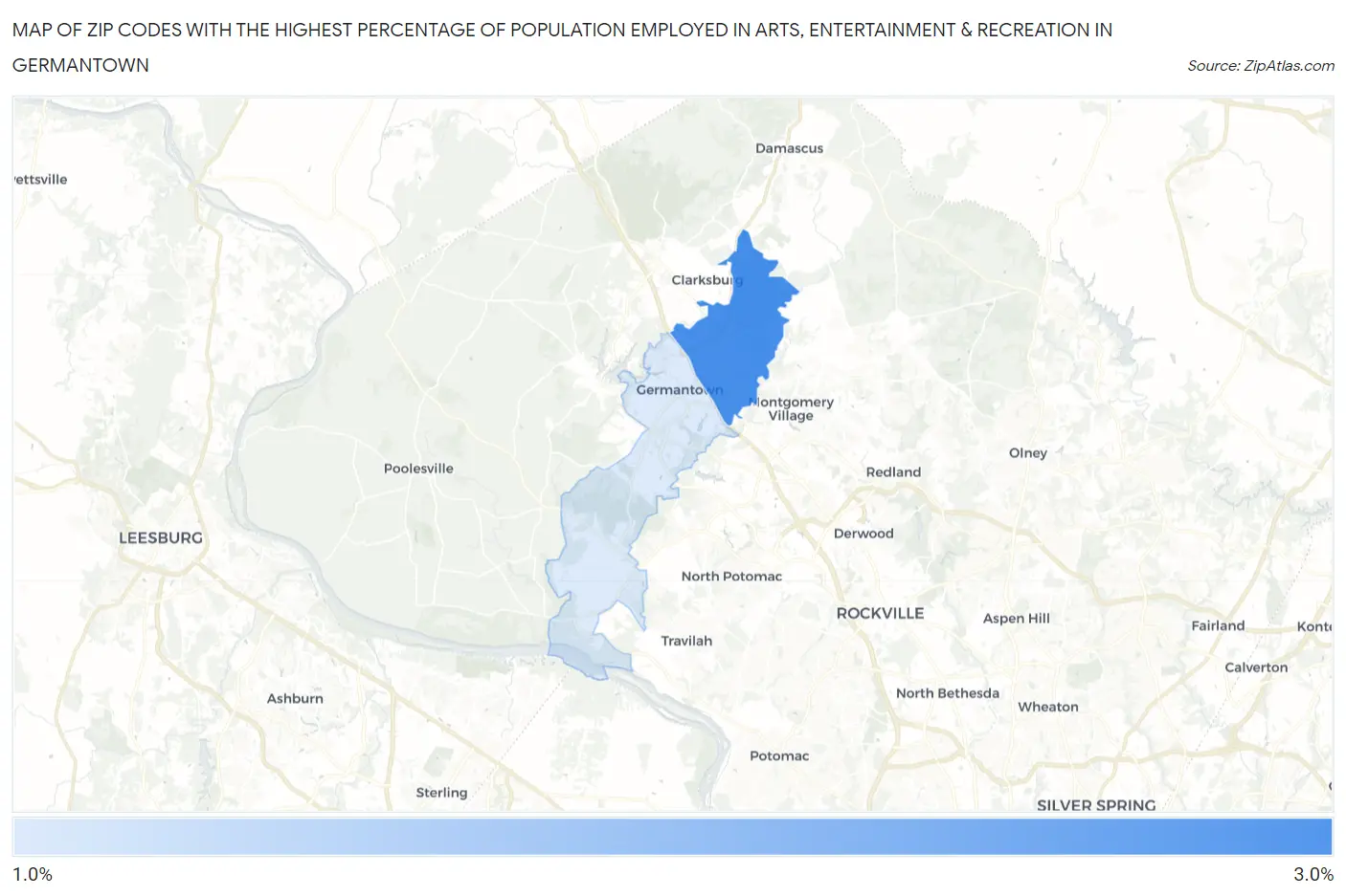 Zip Codes with the Highest Percentage of Population Employed in Arts, Entertainment & Recreation in Germantown Map