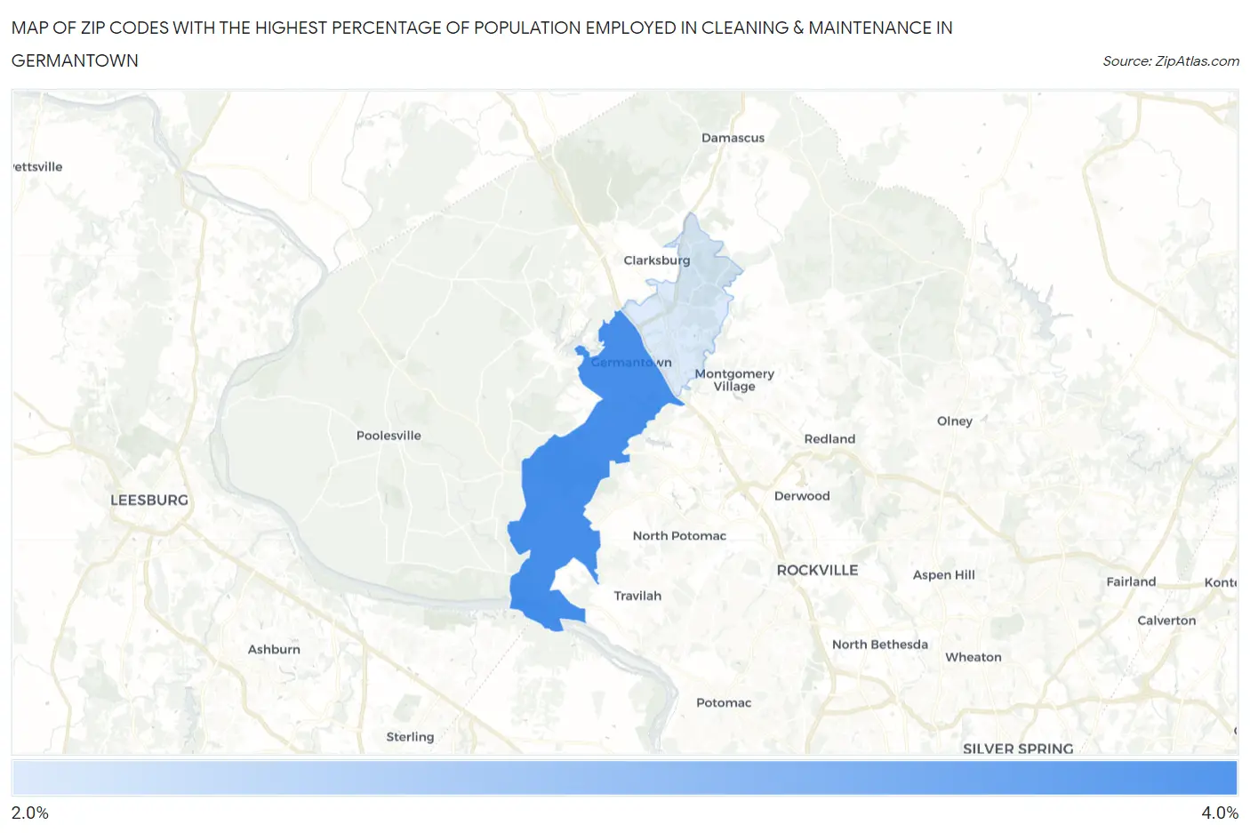 Zip Codes with the Highest Percentage of Population Employed in Cleaning & Maintenance in Germantown Map
