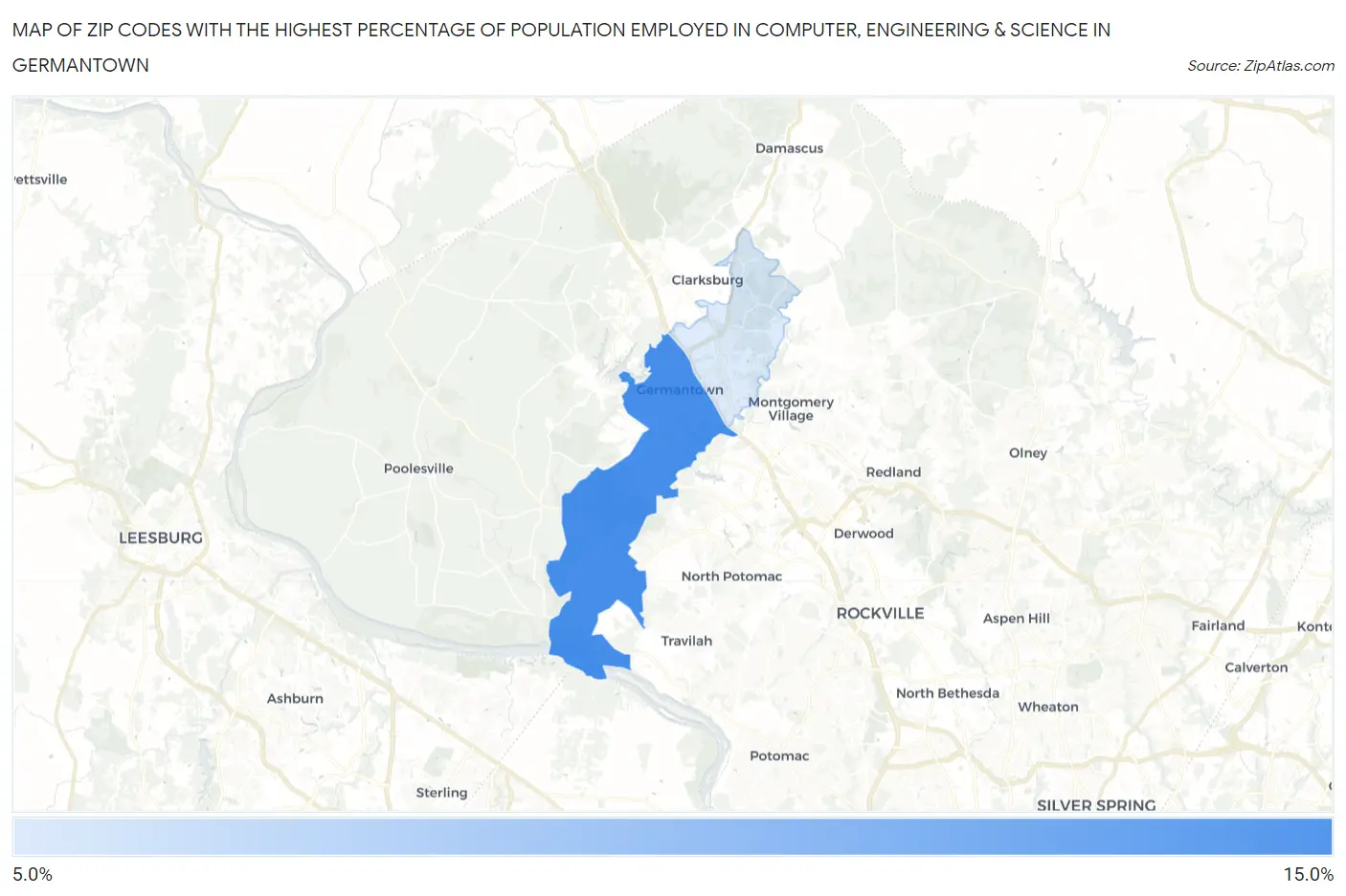 Zip Codes with the Highest Percentage of Population Employed in Computer, Engineering & Science in Germantown Map