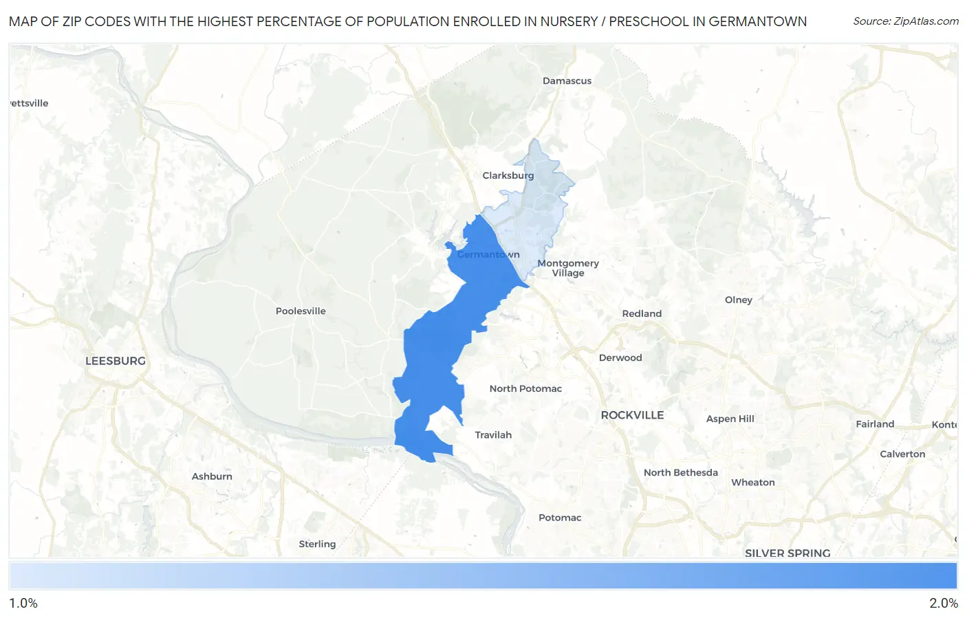 Zip Codes with the Highest Percentage of Population Enrolled in Nursery / Preschool in Germantown Map