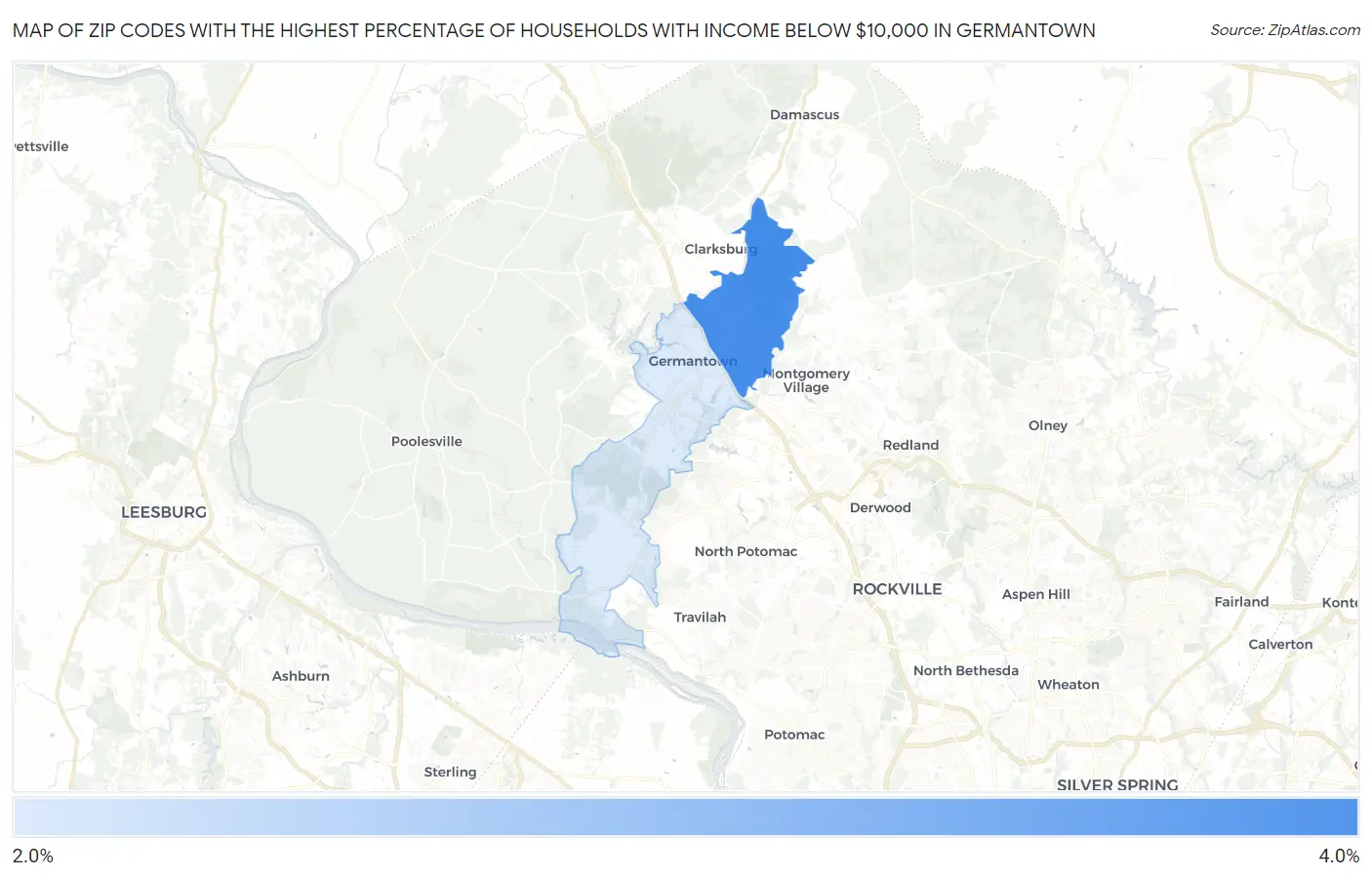 Zip Codes with the Highest Percentage of Households with Income Below $10,000 in Germantown Map