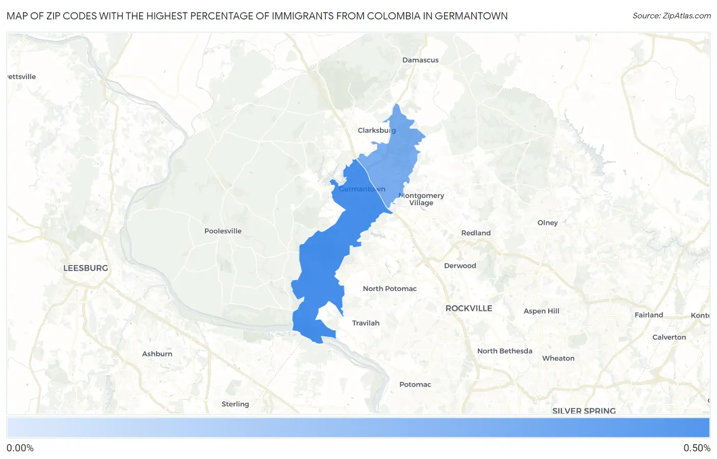Zip Codes with the Highest Percentage of Immigrants from Colombia in Germantown Map