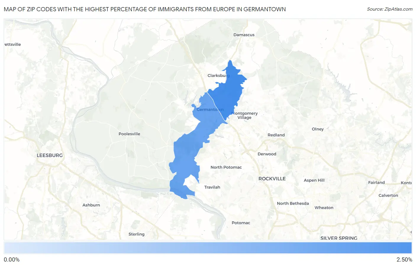 Zip Codes with the Highest Percentage of Immigrants from Europe in Germantown Map