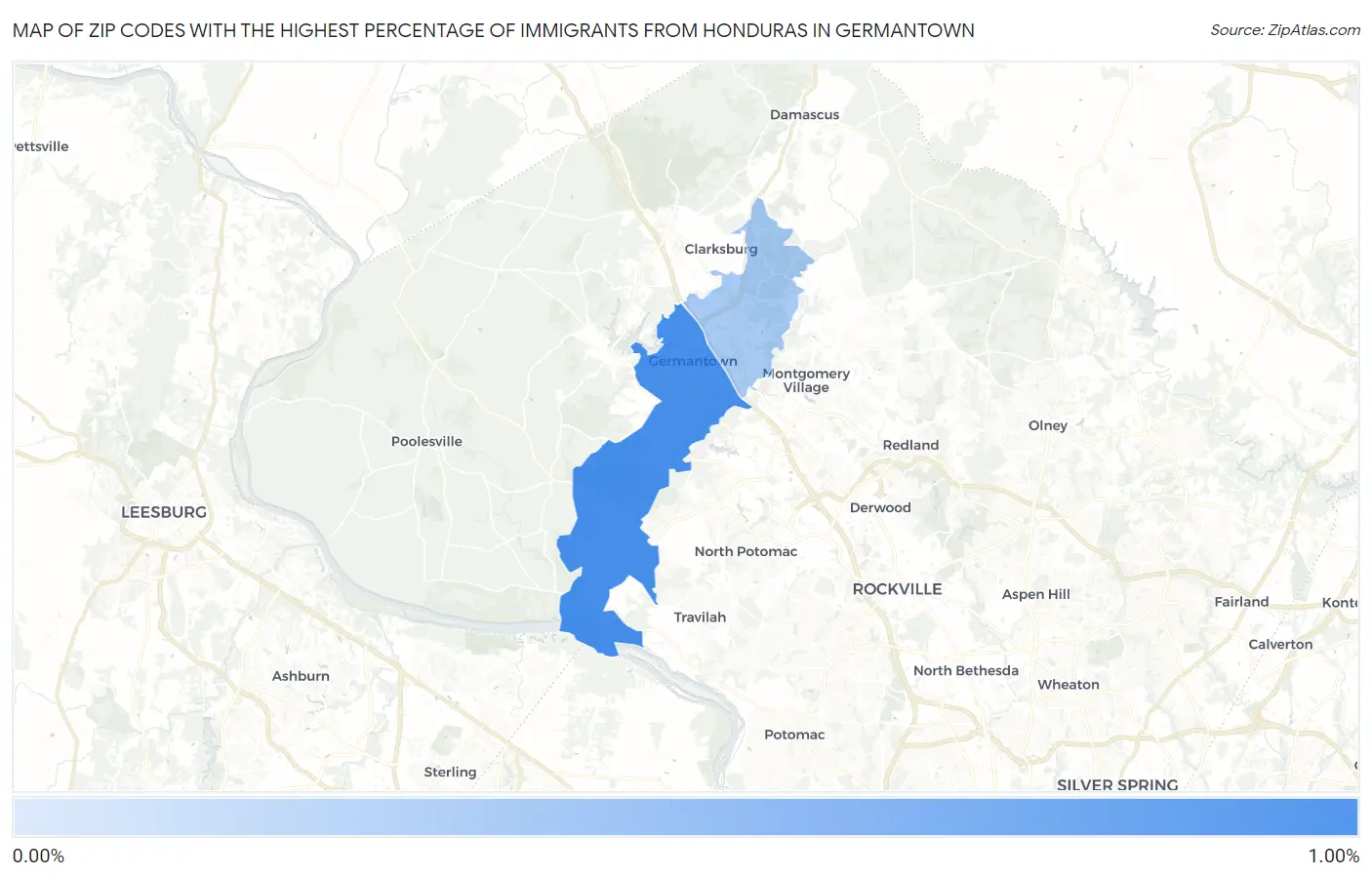 Zip Codes with the Highest Percentage of Immigrants from Honduras in Germantown Map