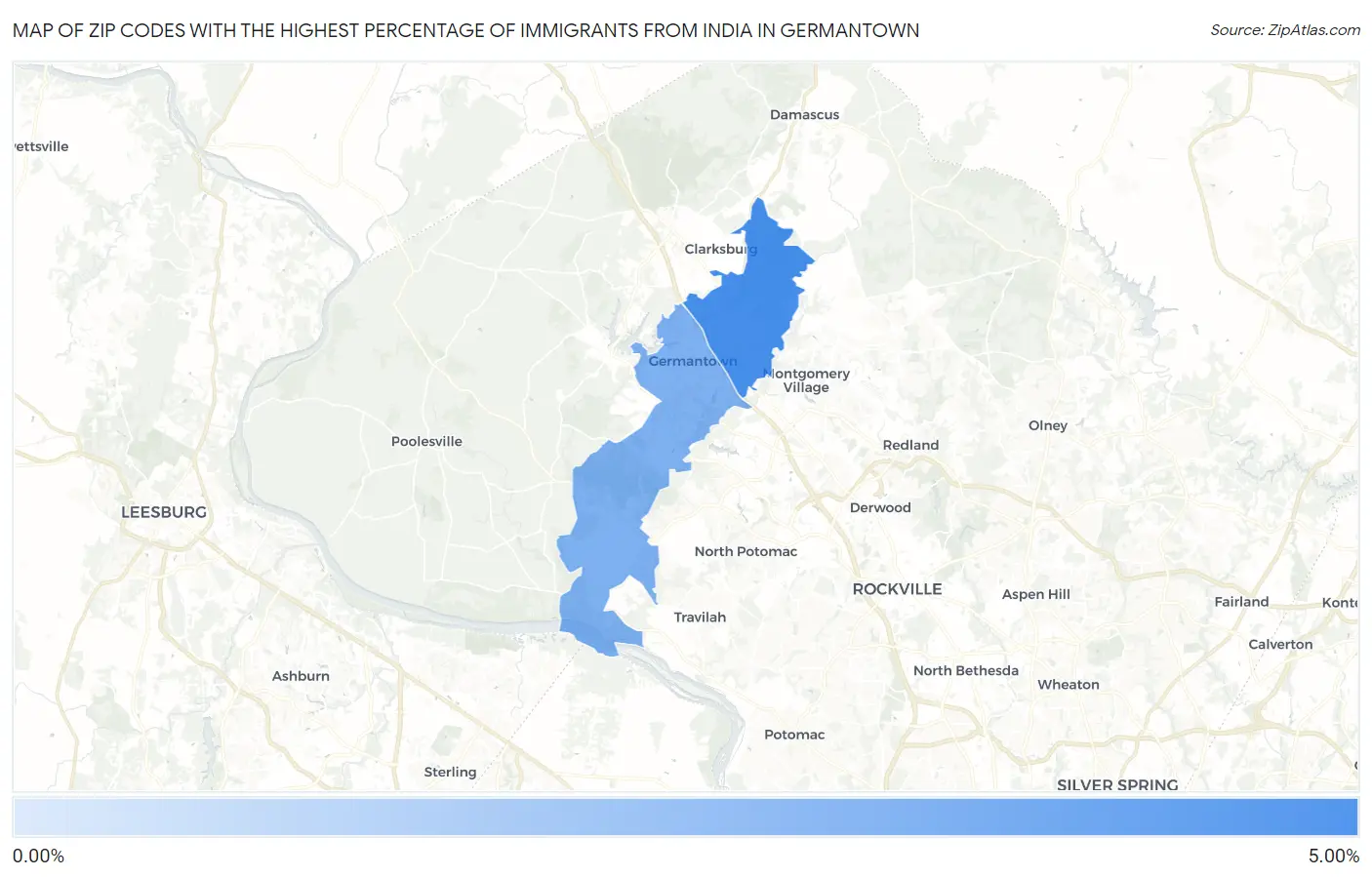 Zip Codes with the Highest Percentage of Immigrants from India in Germantown Map