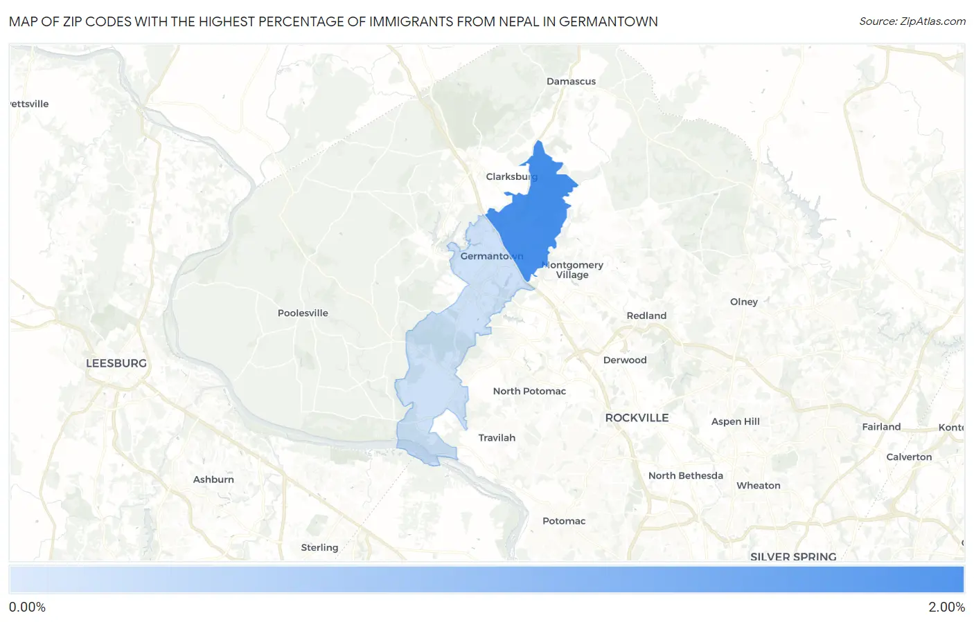 Zip Codes with the Highest Percentage of Immigrants from Nepal in Germantown Map