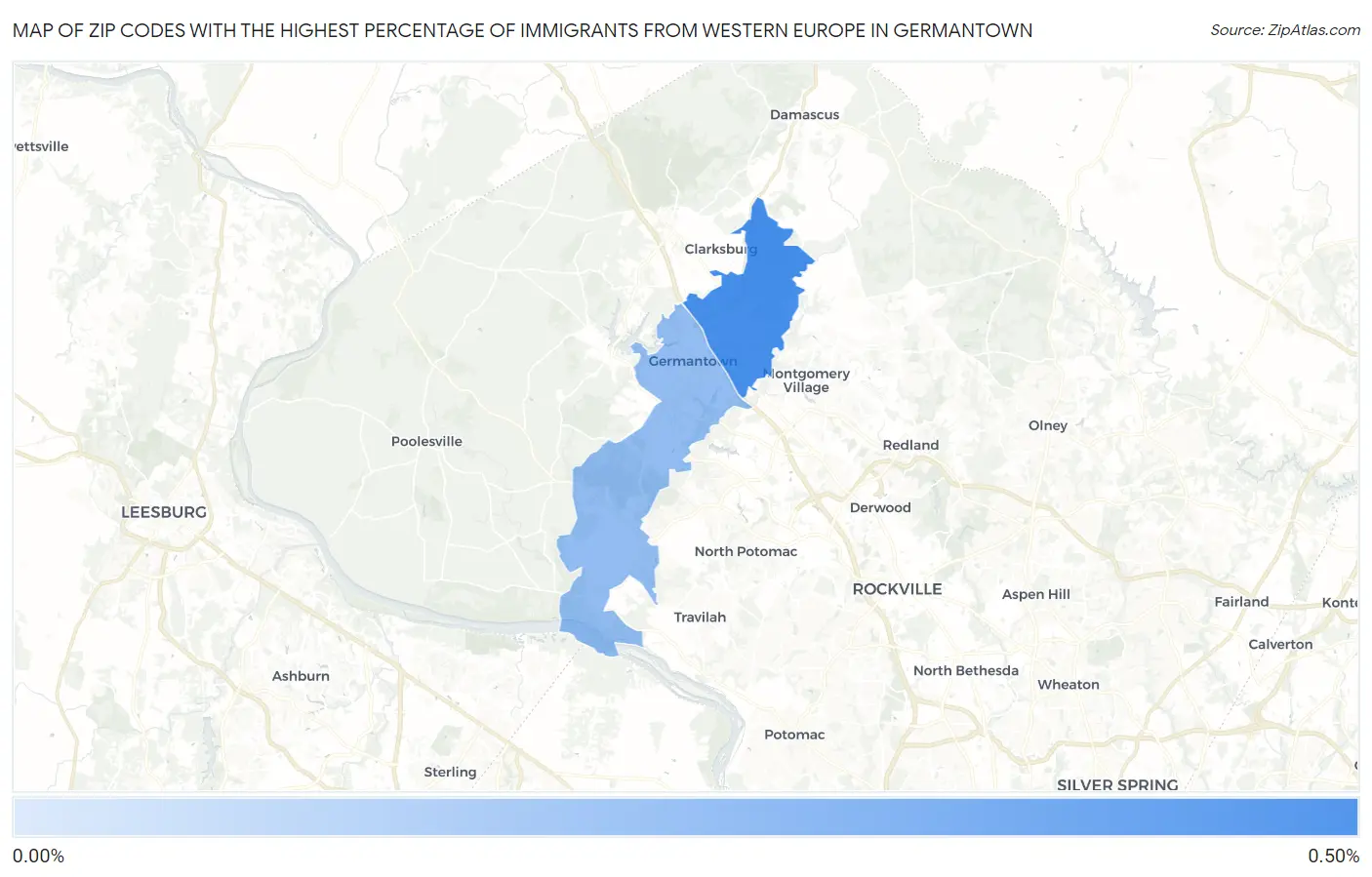 Zip Codes with the Highest Percentage of Immigrants from Western Europe in Germantown Map