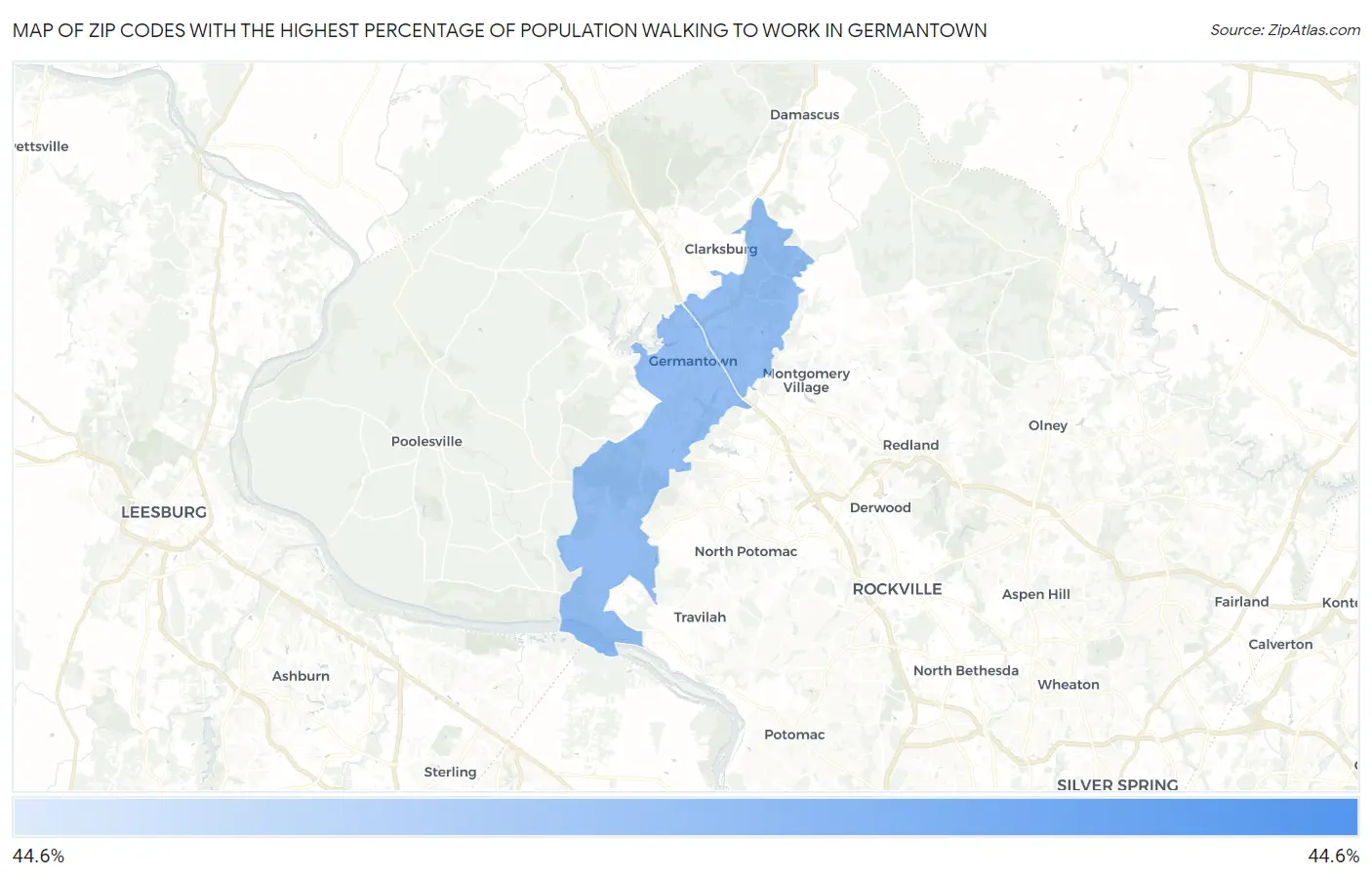 Zip Codes with the Highest Percentage of Population Walking to Work in Germantown Map