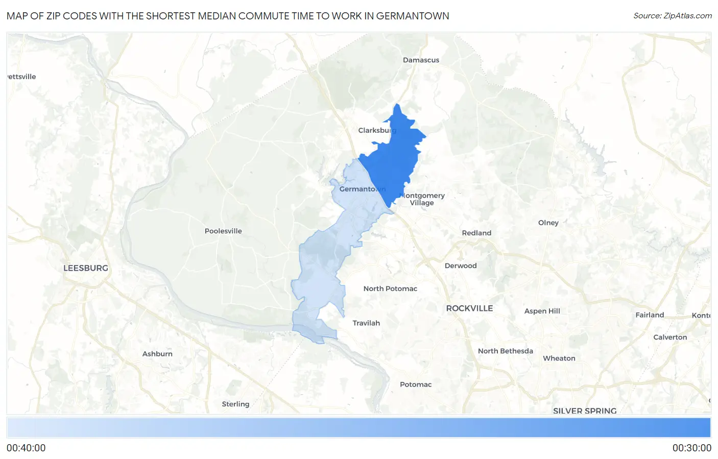 Zip Codes with the Shortest Median Commute Time to Work in Germantown Map