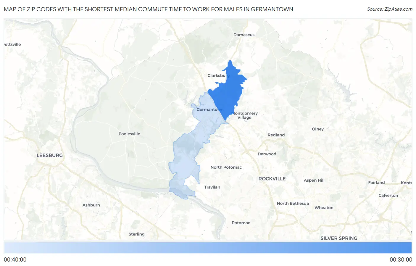 Zip Codes with the Shortest Median Commute Time to Work for Males in Germantown Map