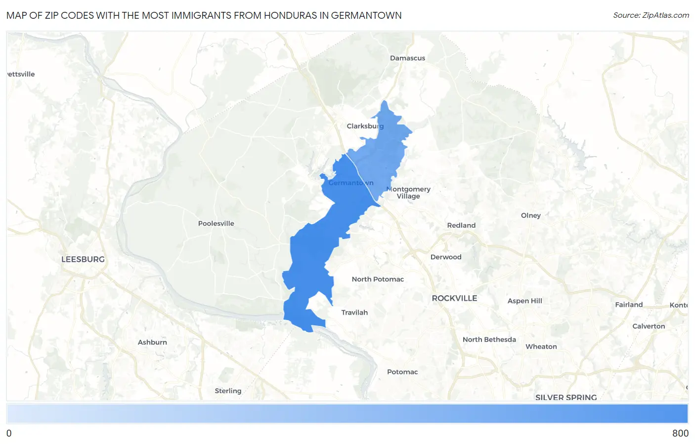Zip Codes with the Most Immigrants from Honduras in Germantown Map