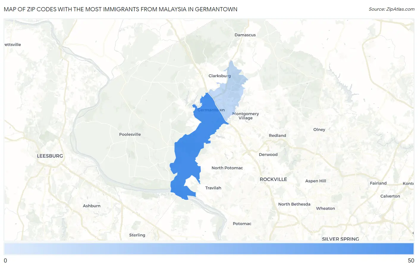 Zip Codes with the Most Immigrants from Malaysia in Germantown Map