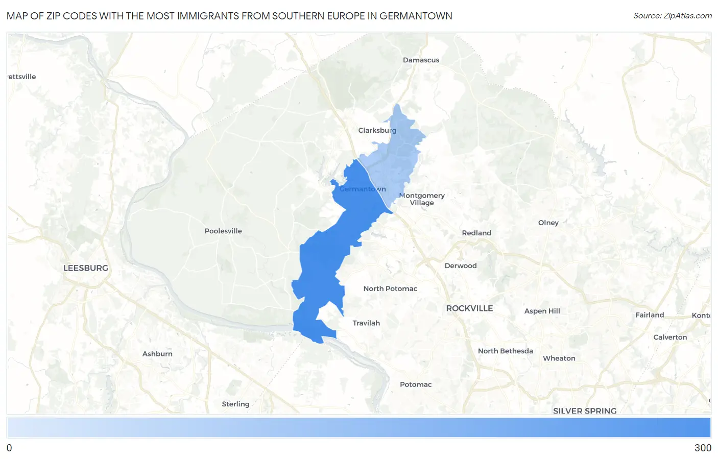 Zip Codes with the Most Immigrants from Southern Europe in Germantown Map
