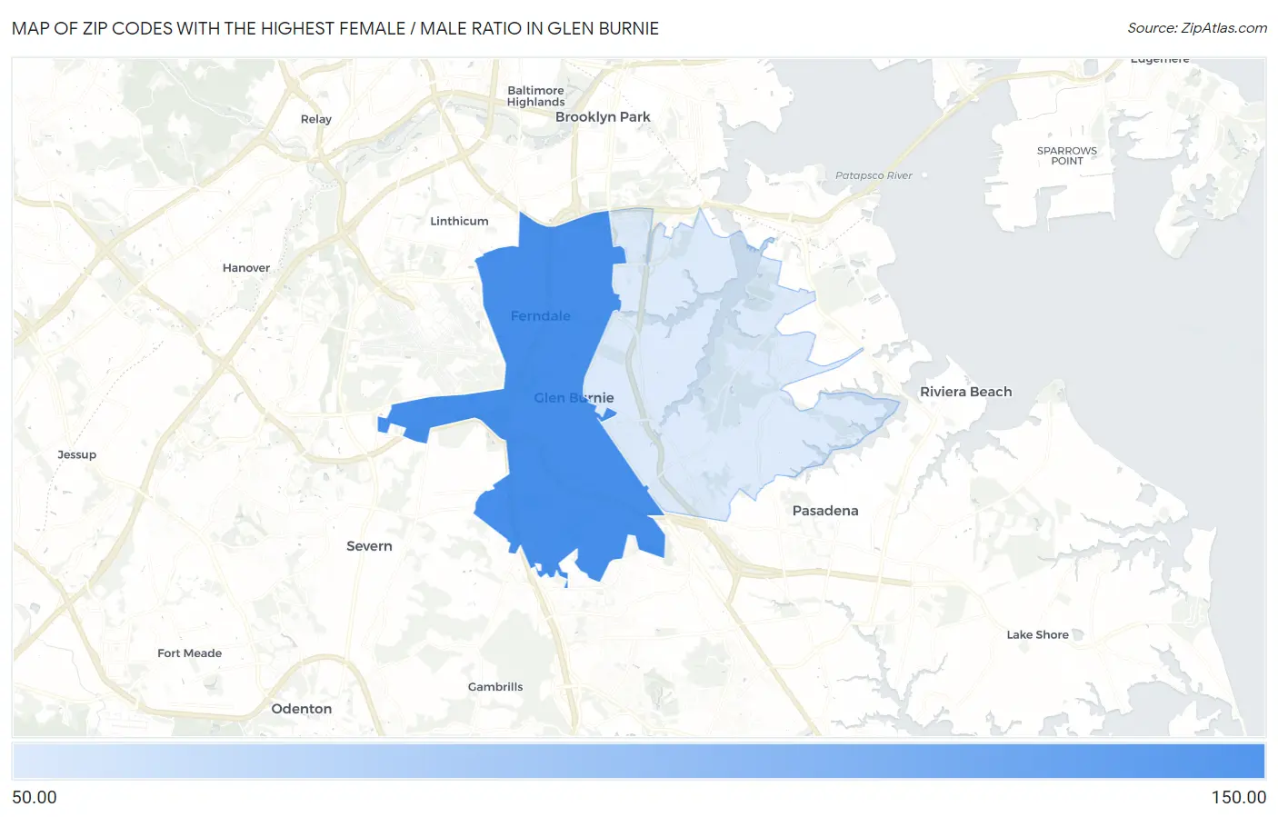 Zip Codes with the Highest Female / Male Ratio in Glen Burnie Map