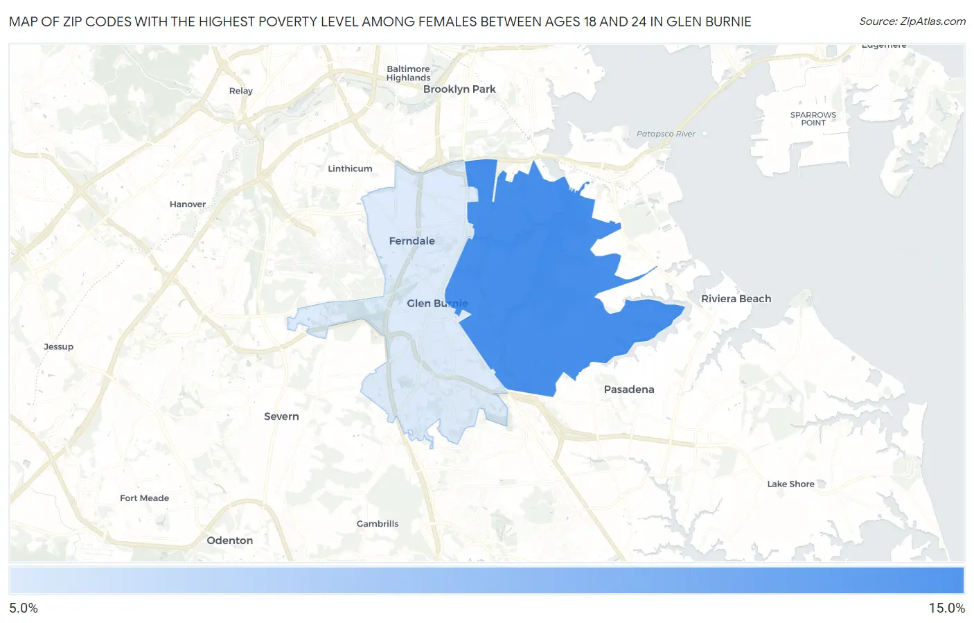 Zip Codes with the Highest Poverty Level Among Females Between Ages 18 and 24 in Glen Burnie Map