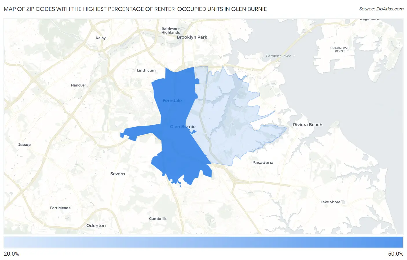Zip Codes with the Highest Percentage of Renter-Occupied Units in Glen Burnie Map