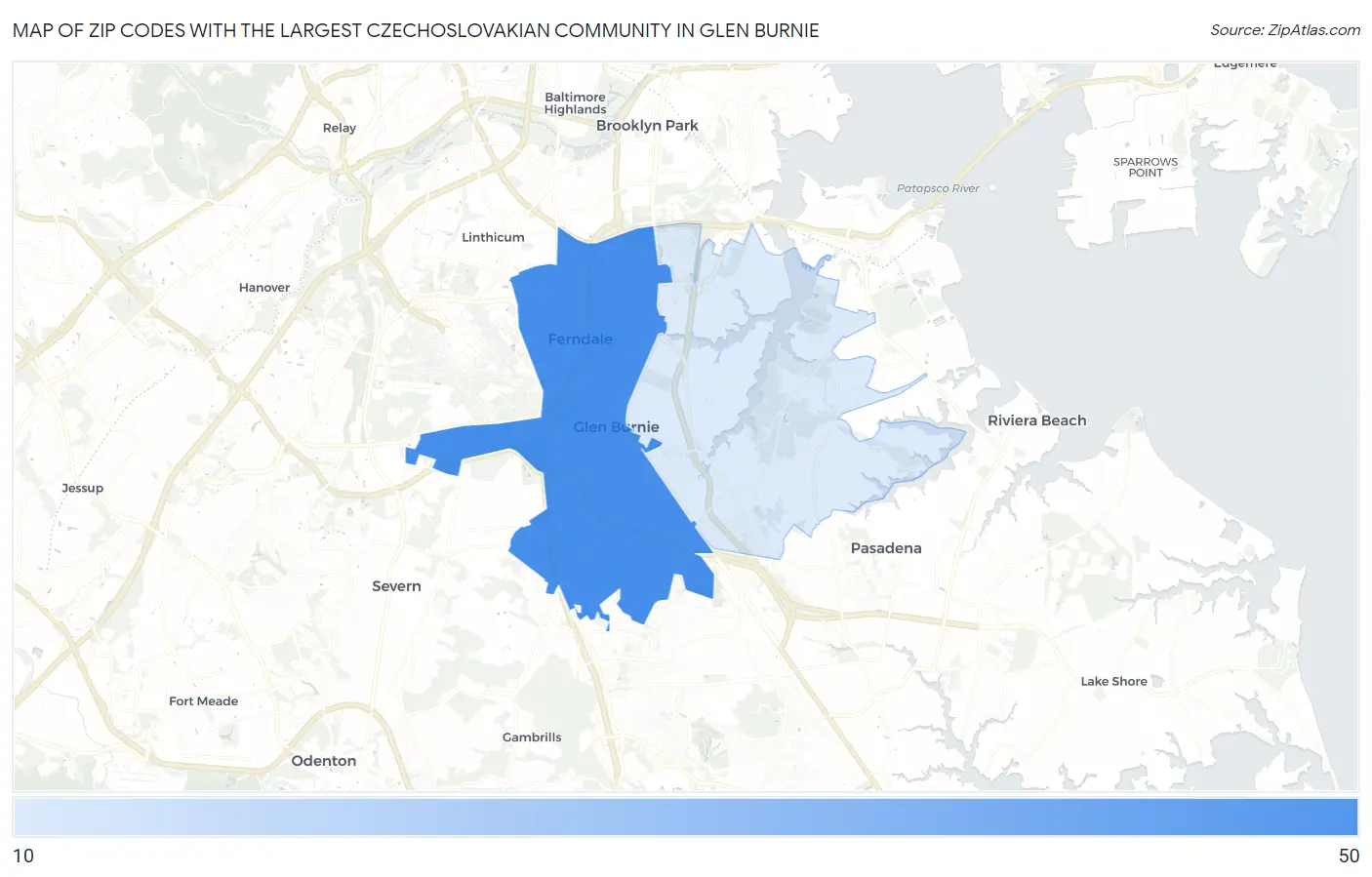 Zip Codes with the Largest Czechoslovakian Community in Glen Burnie Map
