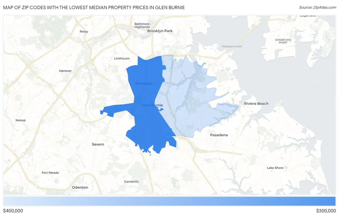 Zip Codes with the Lowest Median Property Prices in Glen Burnie Map