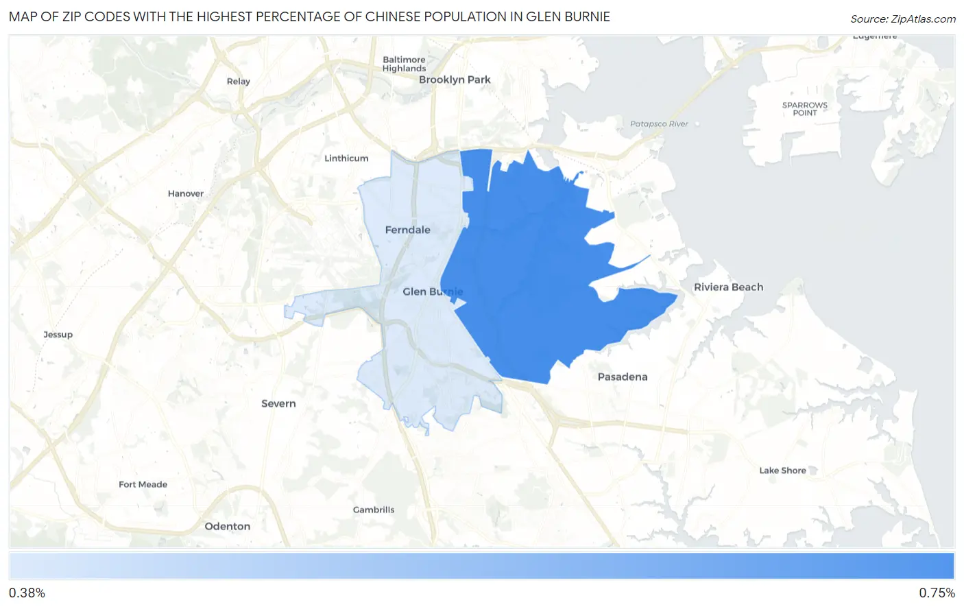 Zip Codes with the Highest Percentage of Chinese Population in Glen Burnie Map