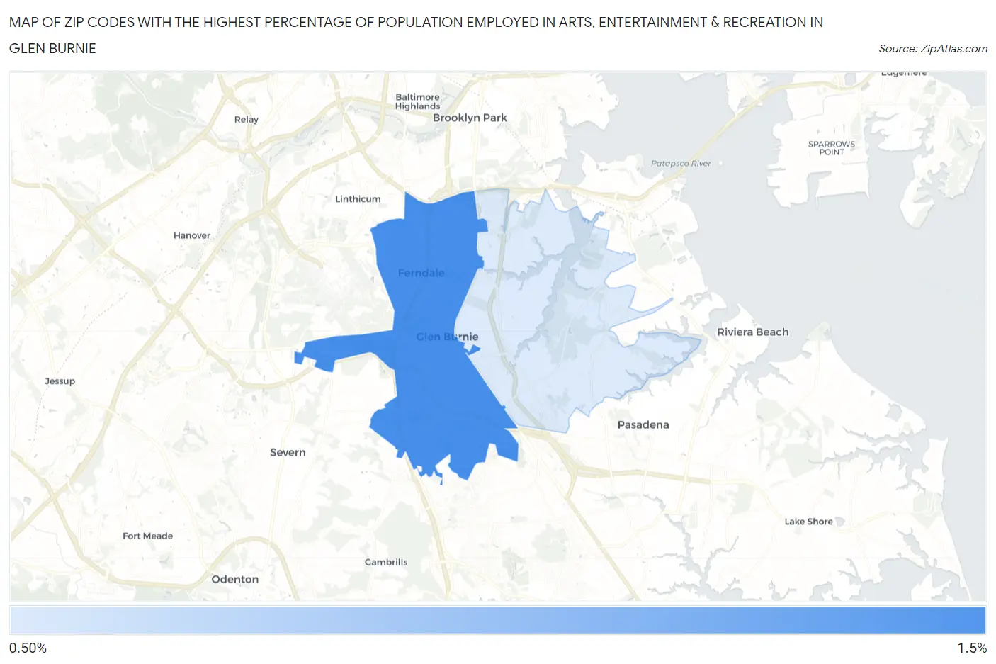 Zip Codes with the Highest Percentage of Population Employed in Arts, Entertainment & Recreation in Glen Burnie Map